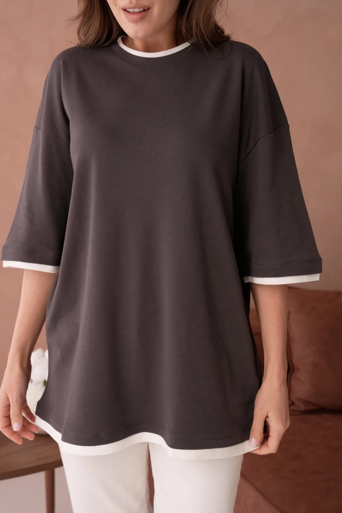 Bisiklet Yaka Kumaş Garnili Salaş Basic T-Shirt