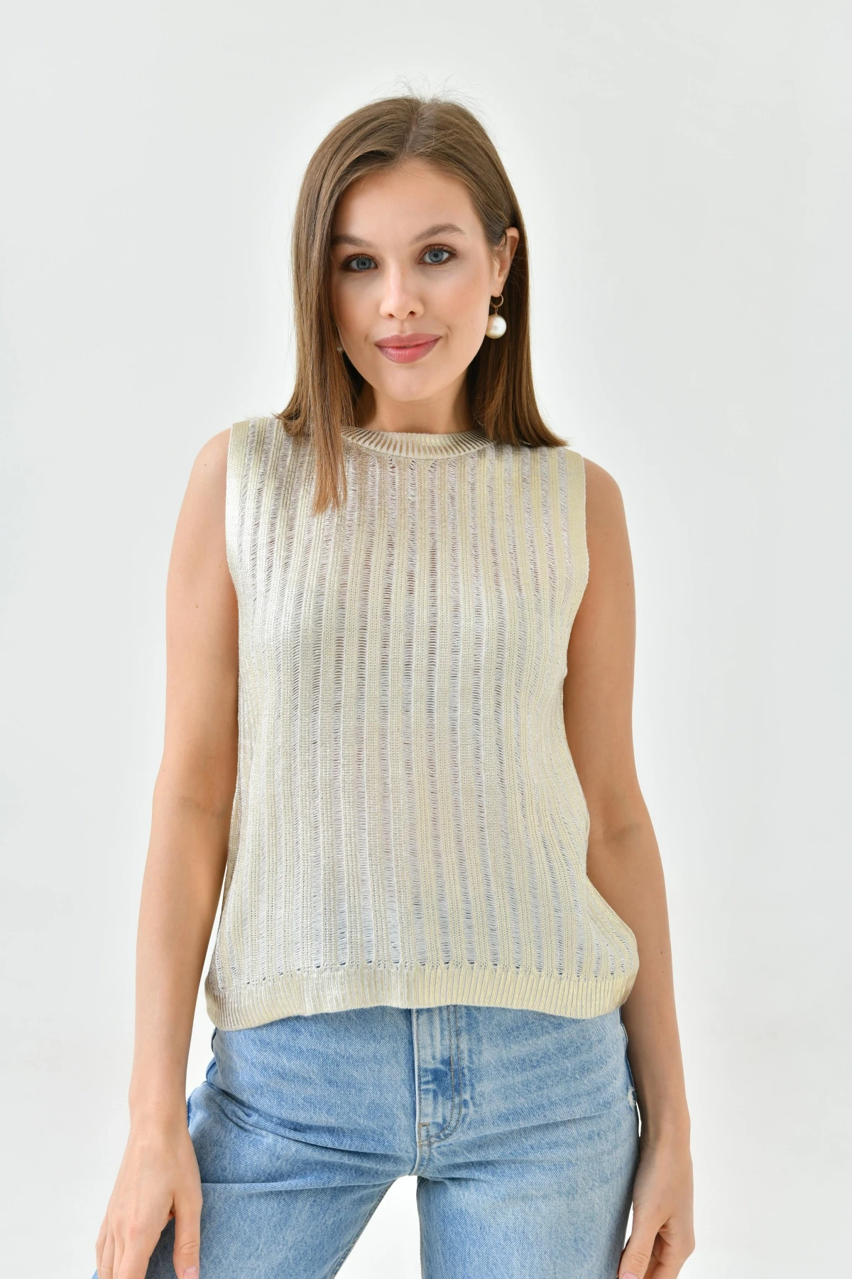 Kadın Bisiklet Yaka Lurex Kolsuz Triko Bluz