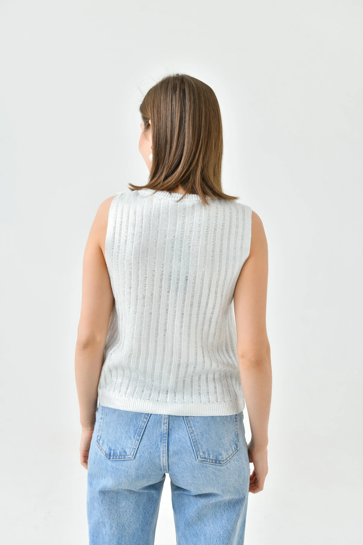 Kadın Bisiklet Yaka Lurex Kolsuz Triko Bluz