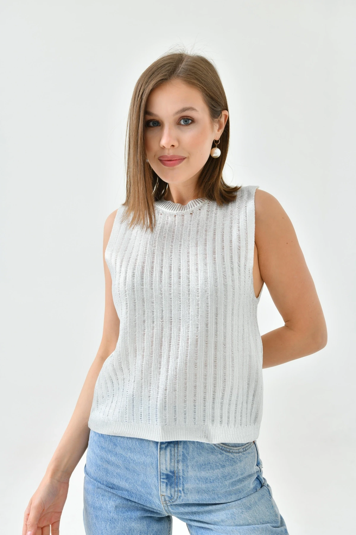 Kadın Bisiklet Yaka Lurex Kolsuz Triko Bluz