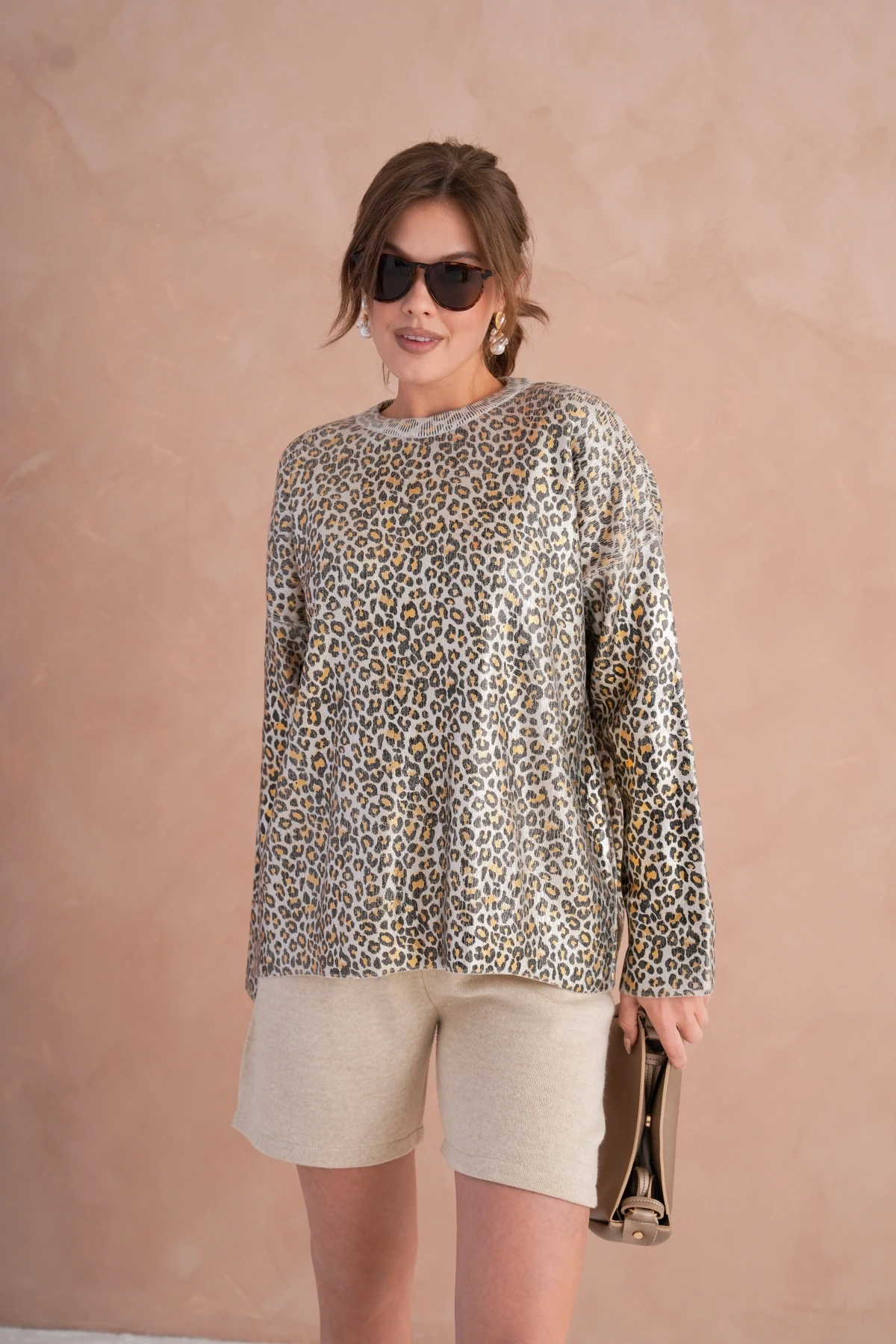 Kadın Bisiklet Yaka Lurex Leopar Salaş Triko Kazak