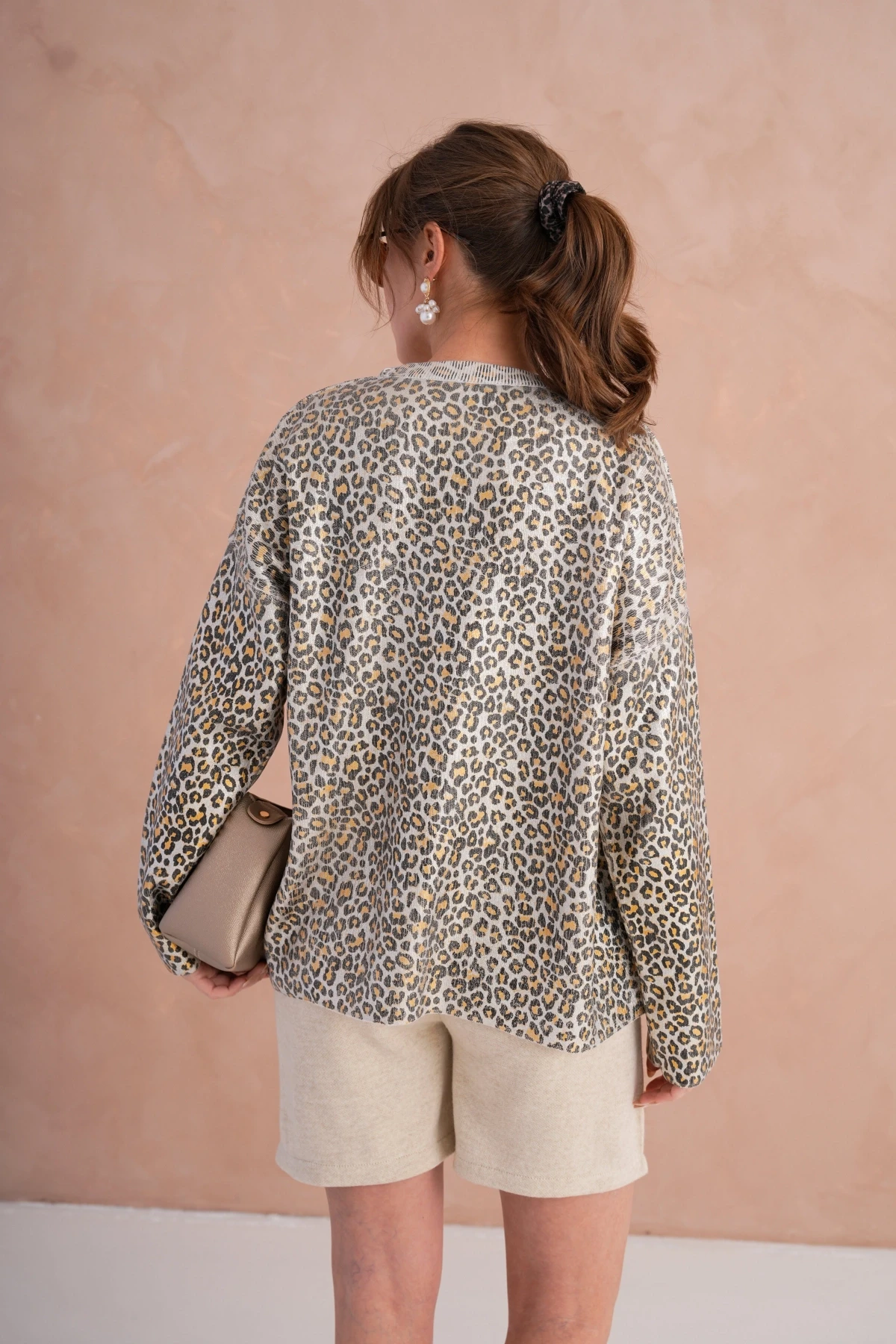 Kadın Bisiklet Yaka Lurex Leopar Salaş Triko Kazak