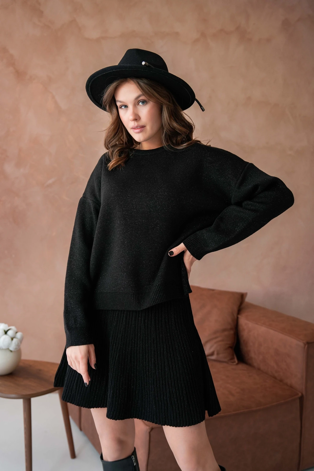 Kadın Bisiklet Yaka Lurex Salaş Etekli Triko Takım