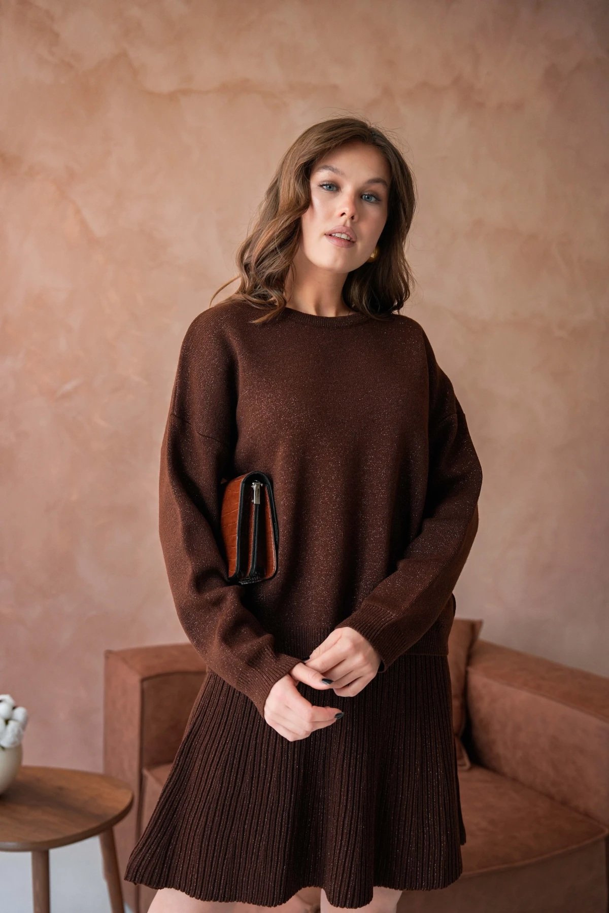 Kadın Bisiklet Yaka Lurex Salaş Etekli Triko Takım