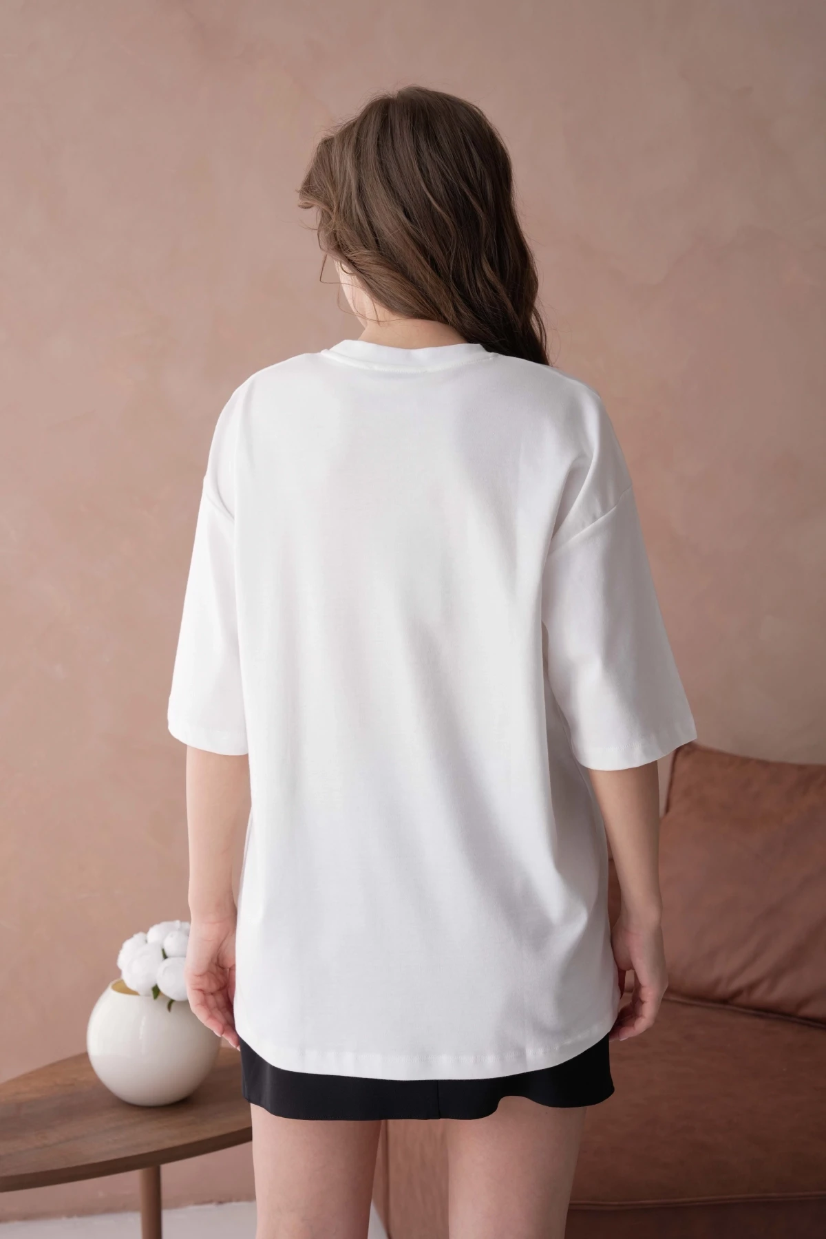 Bisiklet Yaka Ön Yüzü Tül Detaylı Oversize Kalıp Basic T-Shirt