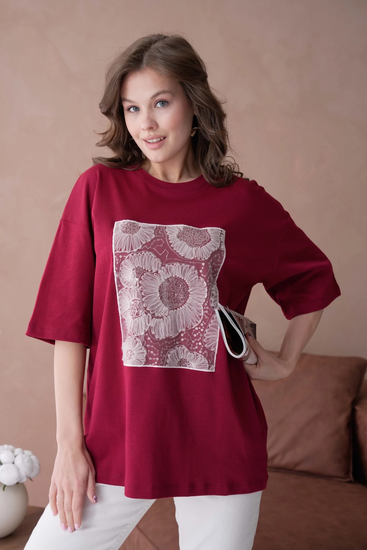 Bisiklet Yaka Ön Yüzü Tül Detaylı Oversize Kalıp Basic T-Shirt