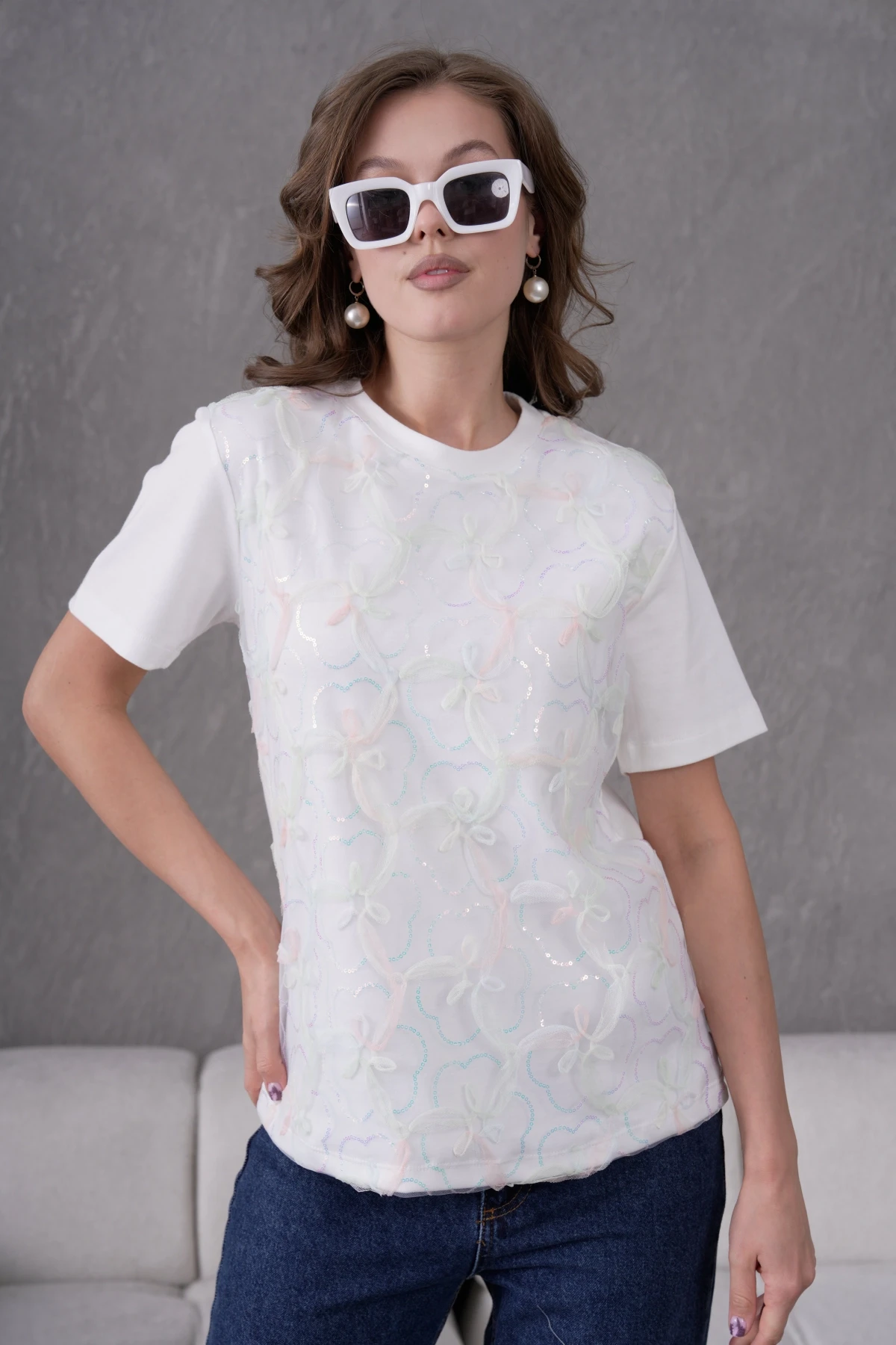 Bisiklet Yaka Önyüzü Tül Dantel Giydirmeli Basic T-Shirt