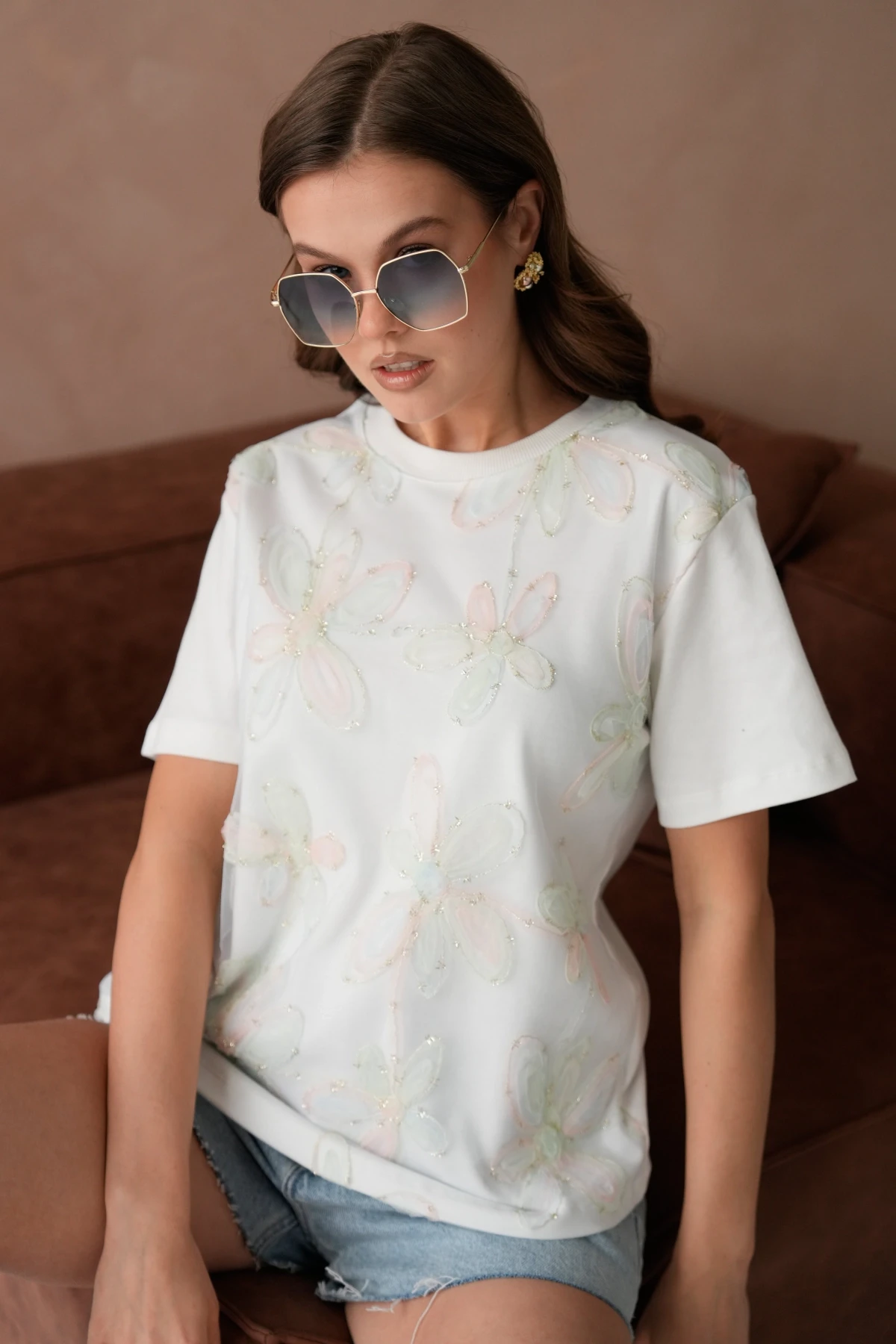 Bisiklet Yaka Önyüzü Tül Dantel Giydirmeli Basic T-Shirt