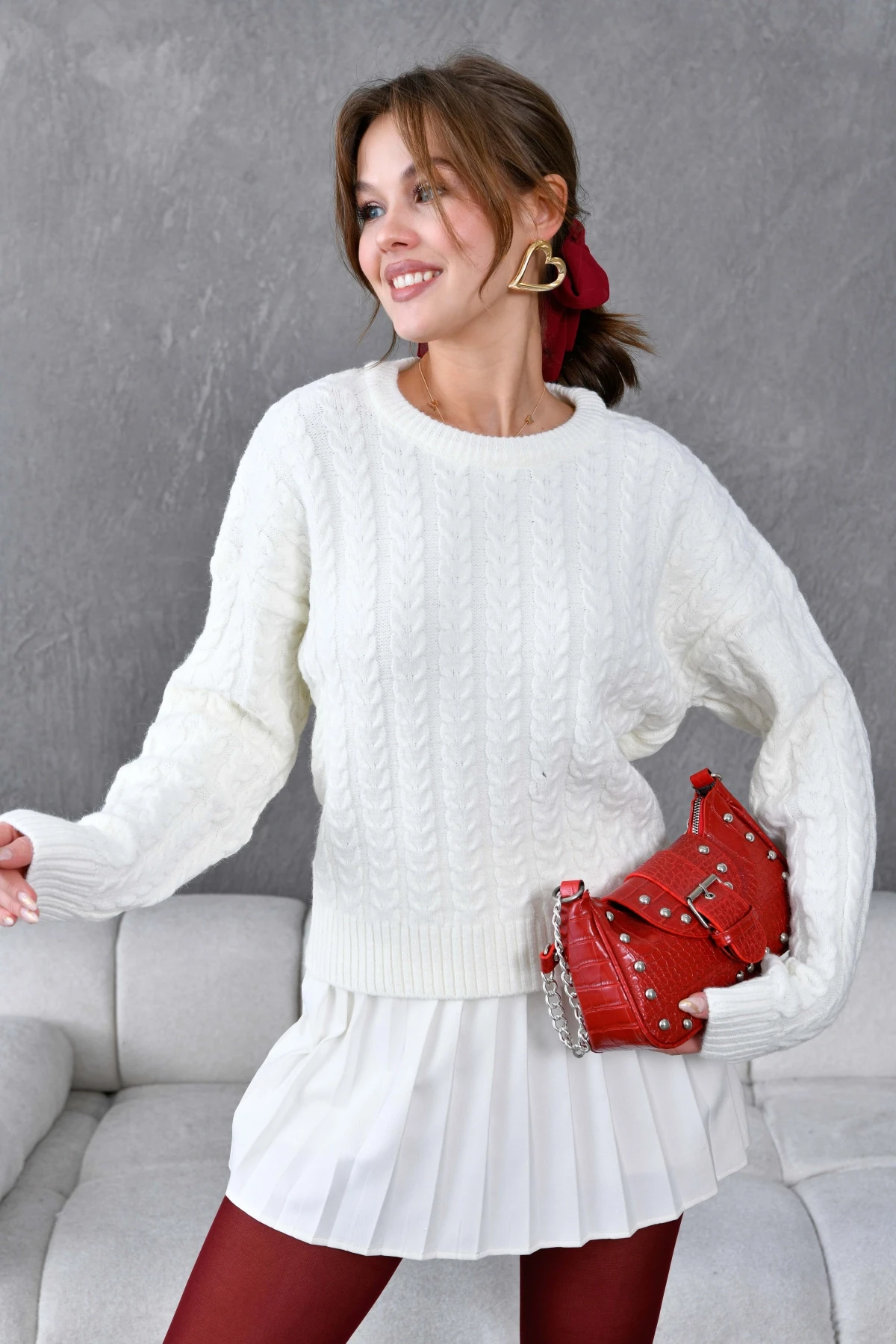 Kadın Bisiklet Yaka Örgü Detay Triko Kazak