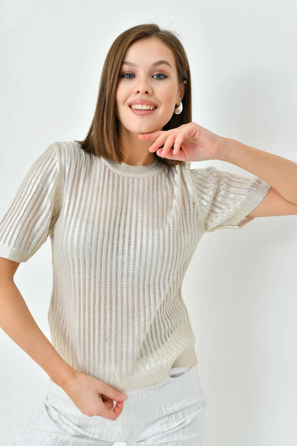 Kadın Bisiklet Yaka Örgü Detay Varaklı Triko Kazak