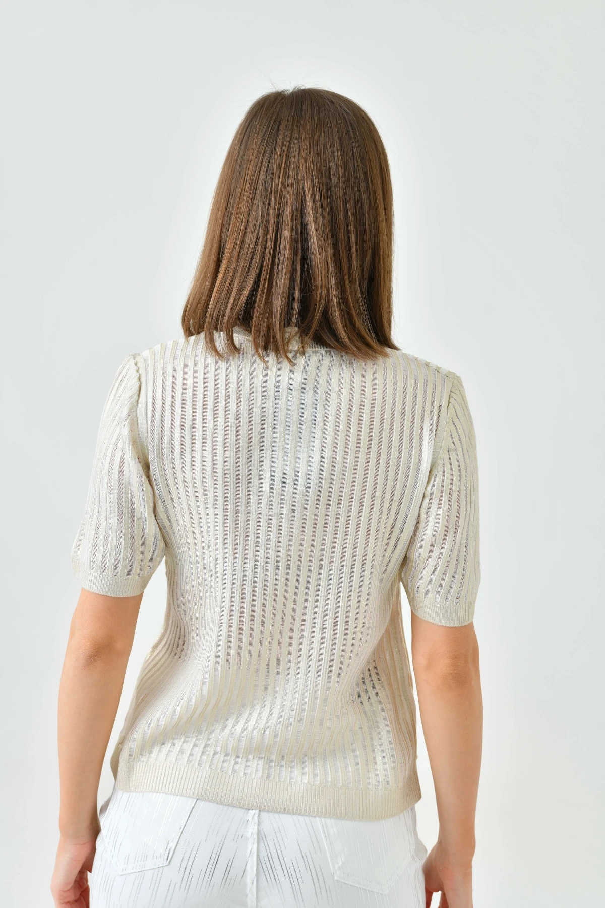 Kadın Bisiklet Yaka Örgü Detay Varaklı Triko Kazak