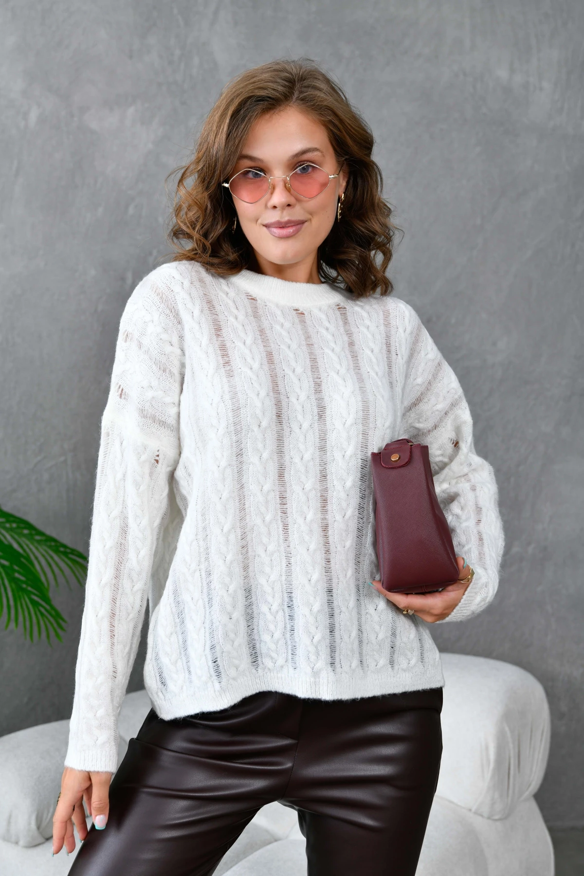 Kadın Bisiklet Yaka Saç Örgü Triko Kazak