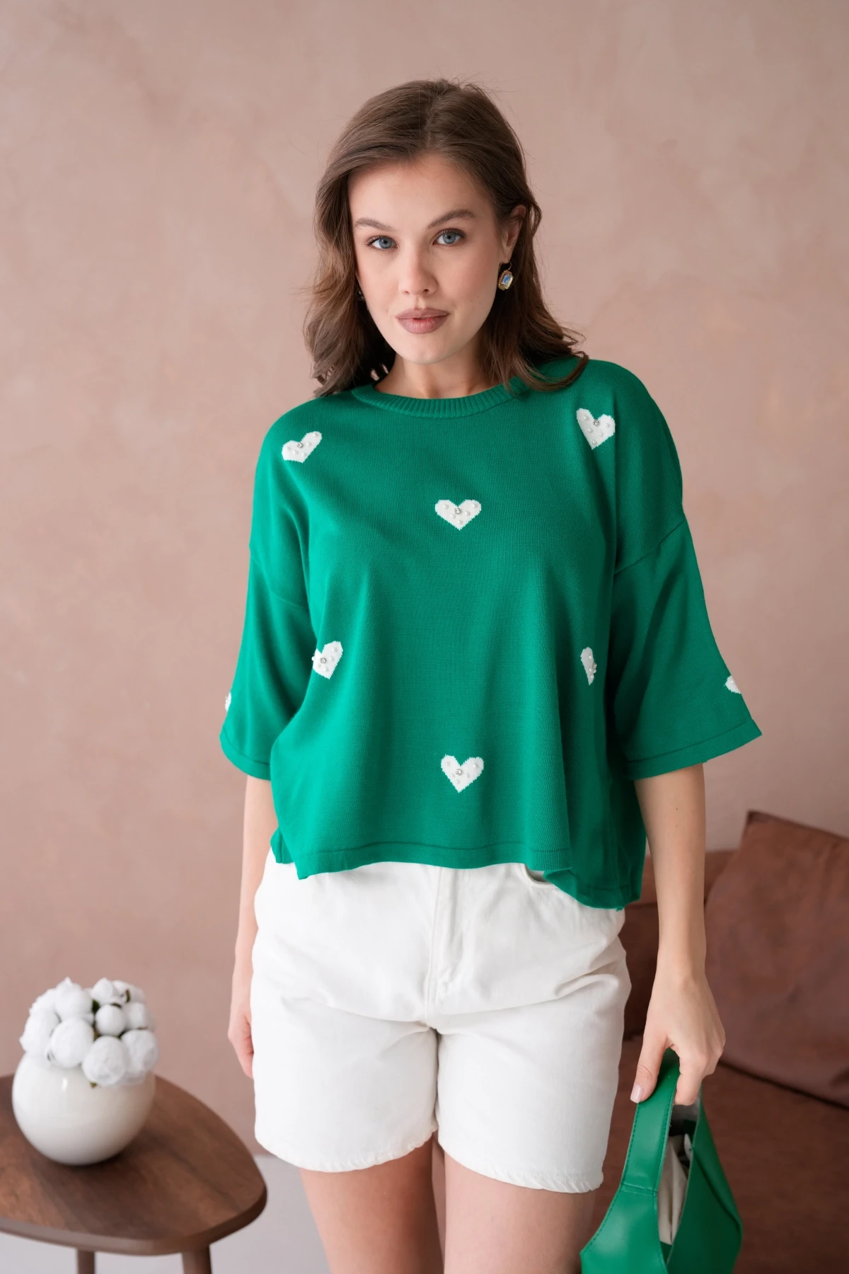 Kadın Bisiklet Yaka Taş İşlemeli Salaş Triko Kazak