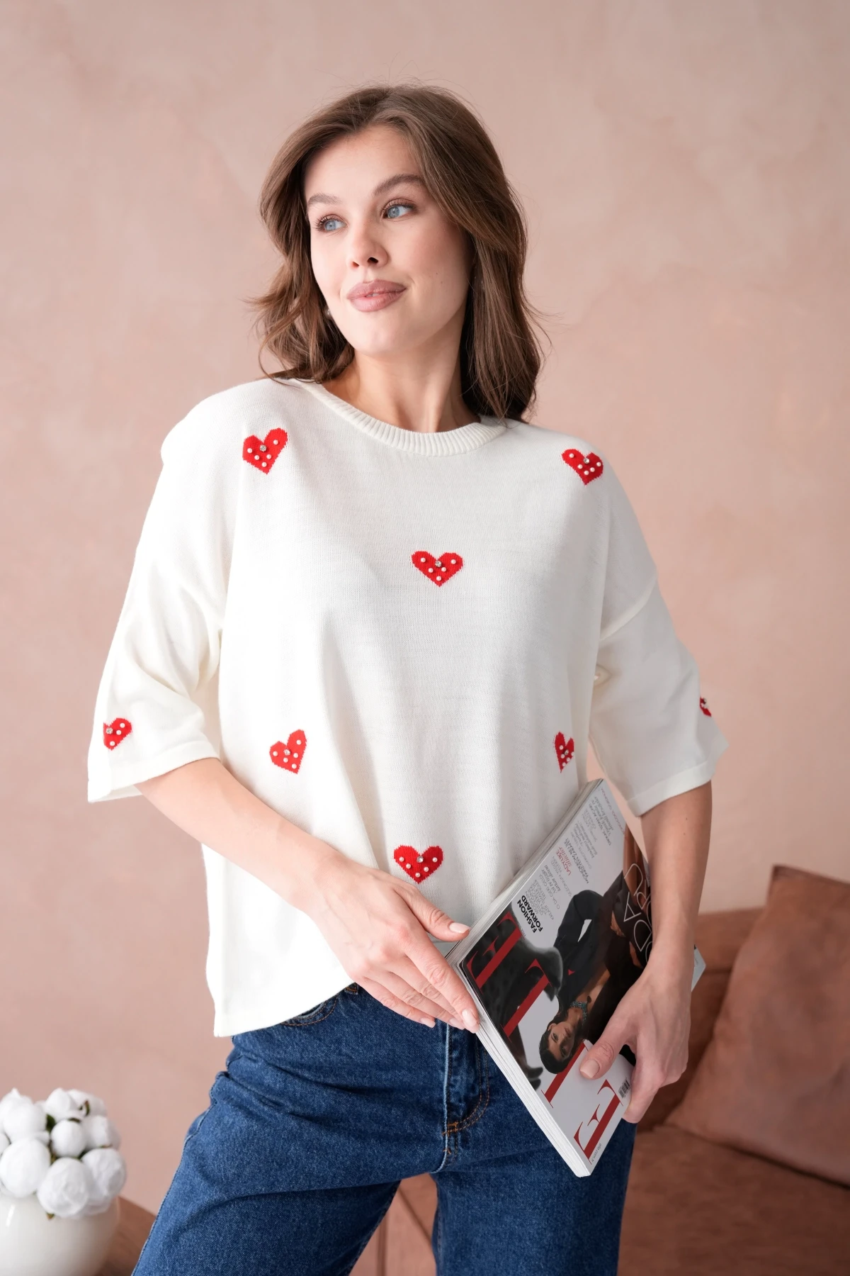 Kadın Bisiklet Yaka Taş İşlemeli Salaş Triko Kazak