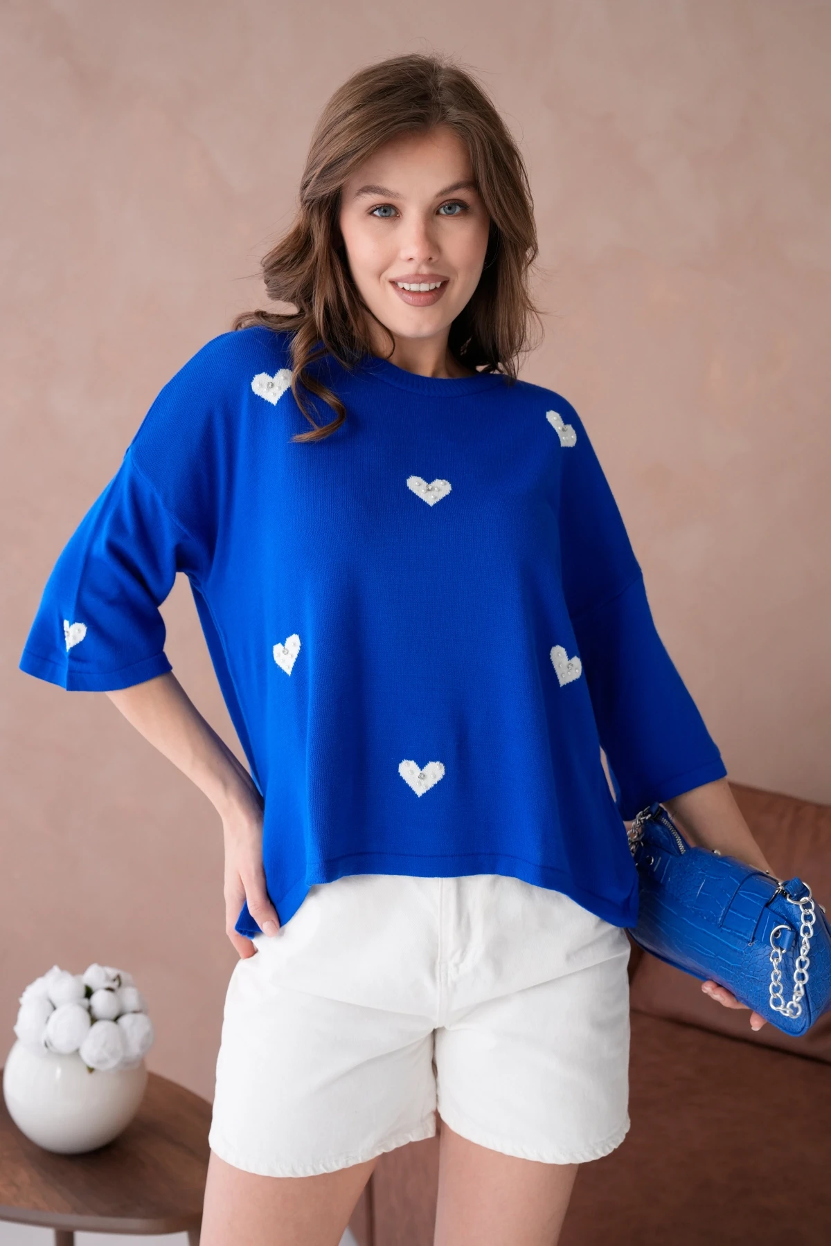 Kadın Bisiklet Yaka Taş İşlemeli Salaş Triko Kazak