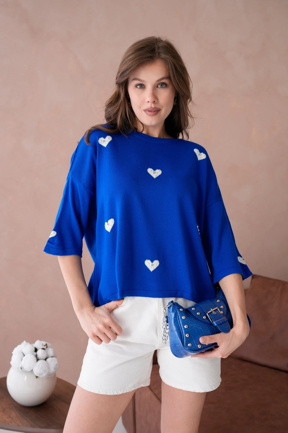 Kadın Bisiklet Yaka Taş İşlemeli Salaş Triko Kazak