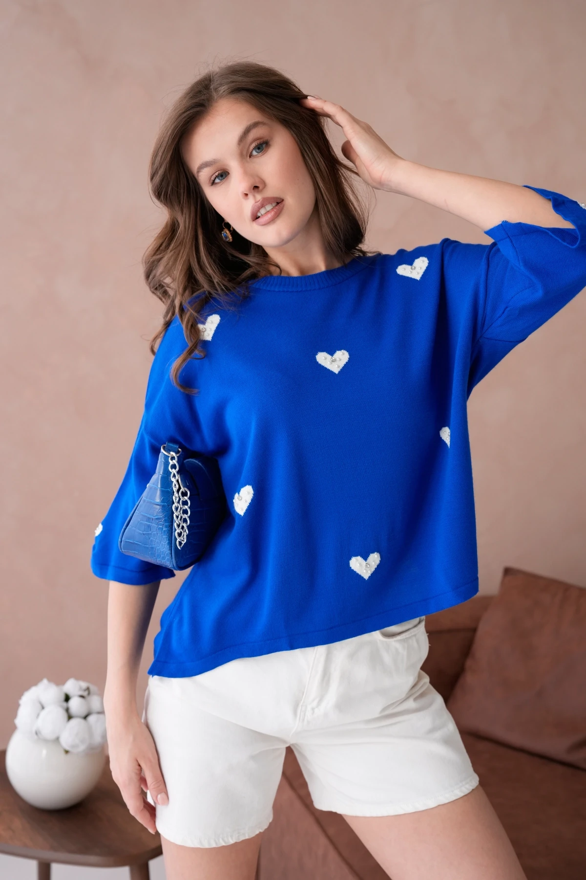 Kadın Bisiklet Yaka Taş İşlemeli Salaş Triko Kazak