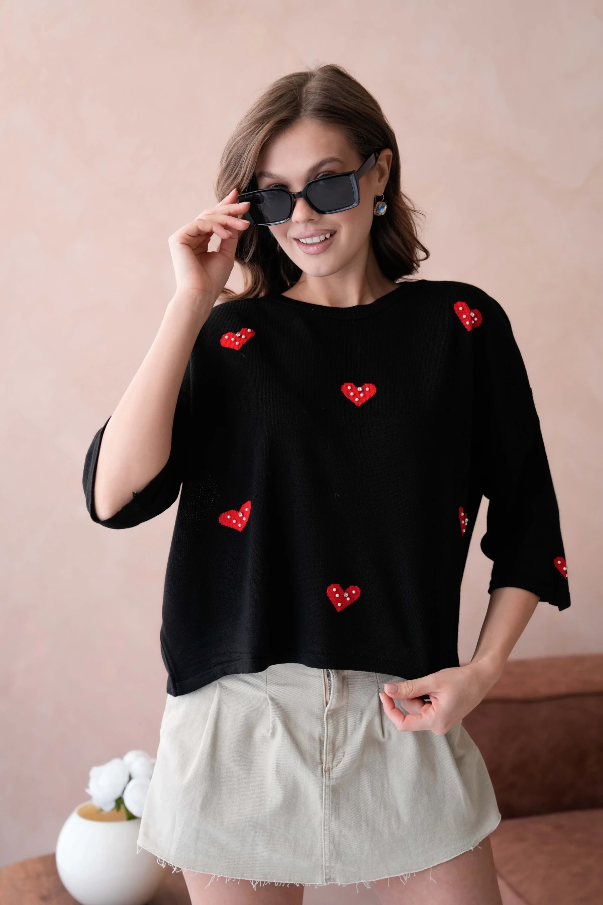 Kadın Bisiklet Yaka Taş İşlemeli Salaş Triko Kazak