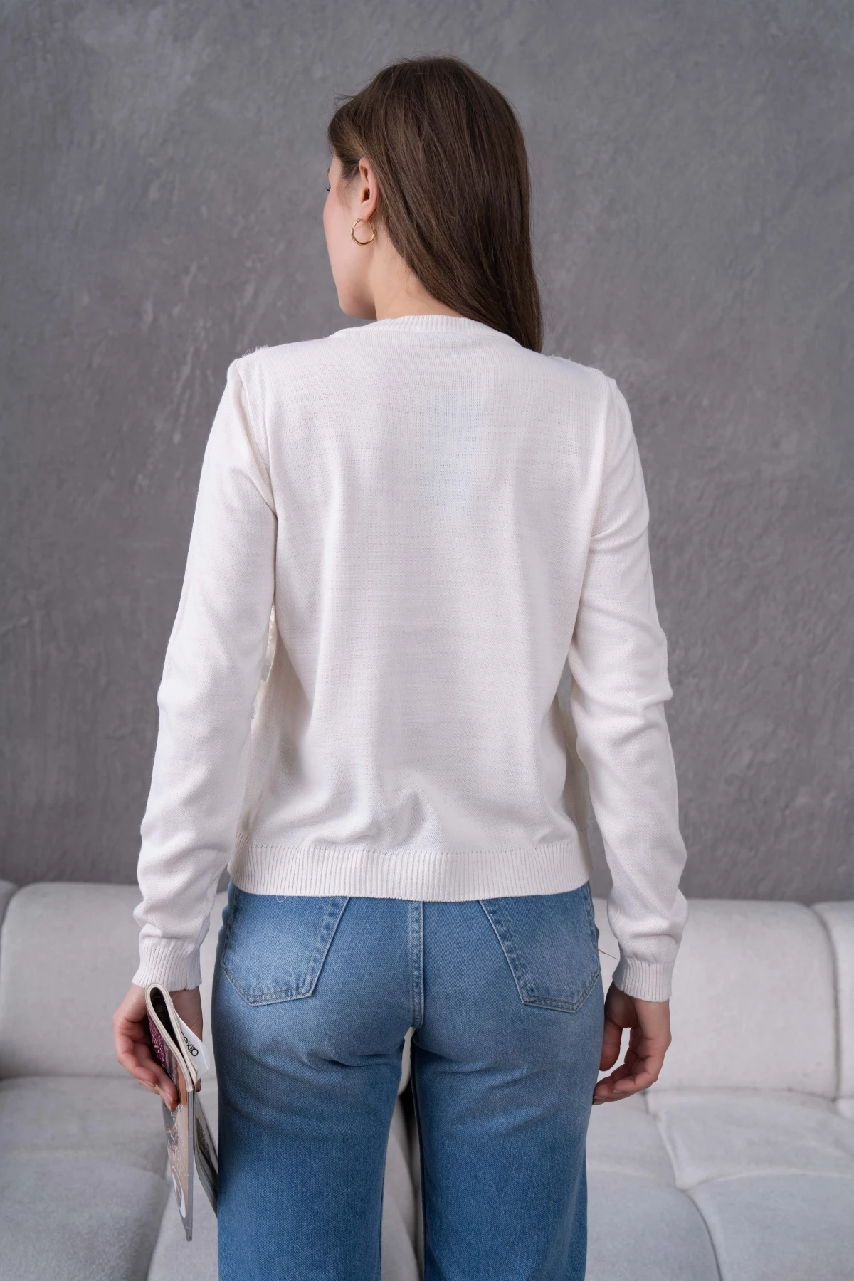 Bisiklet Yaka Tül Detaylı Aplikeli Triko Kazak