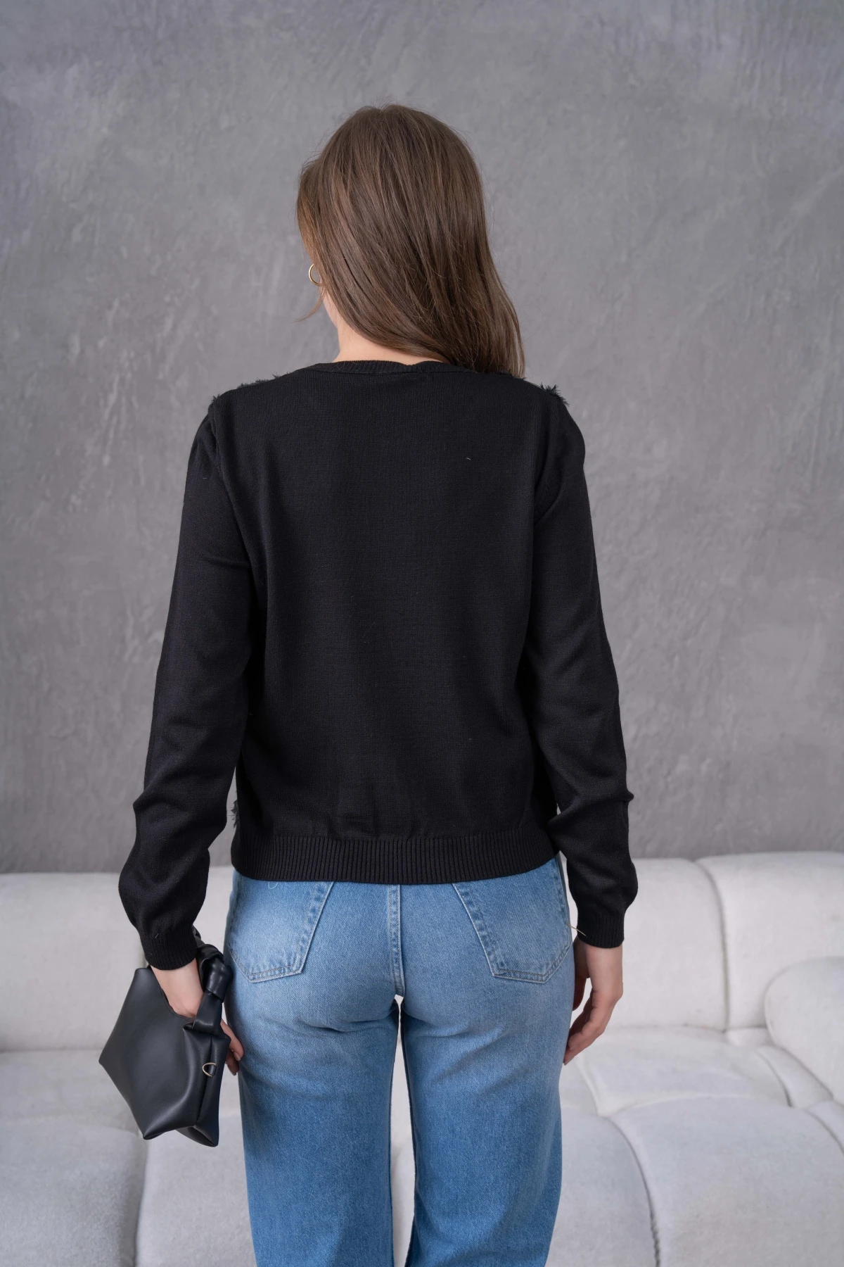 Bisiklet Yaka Tül Detaylı Aplikeli Triko Kazak