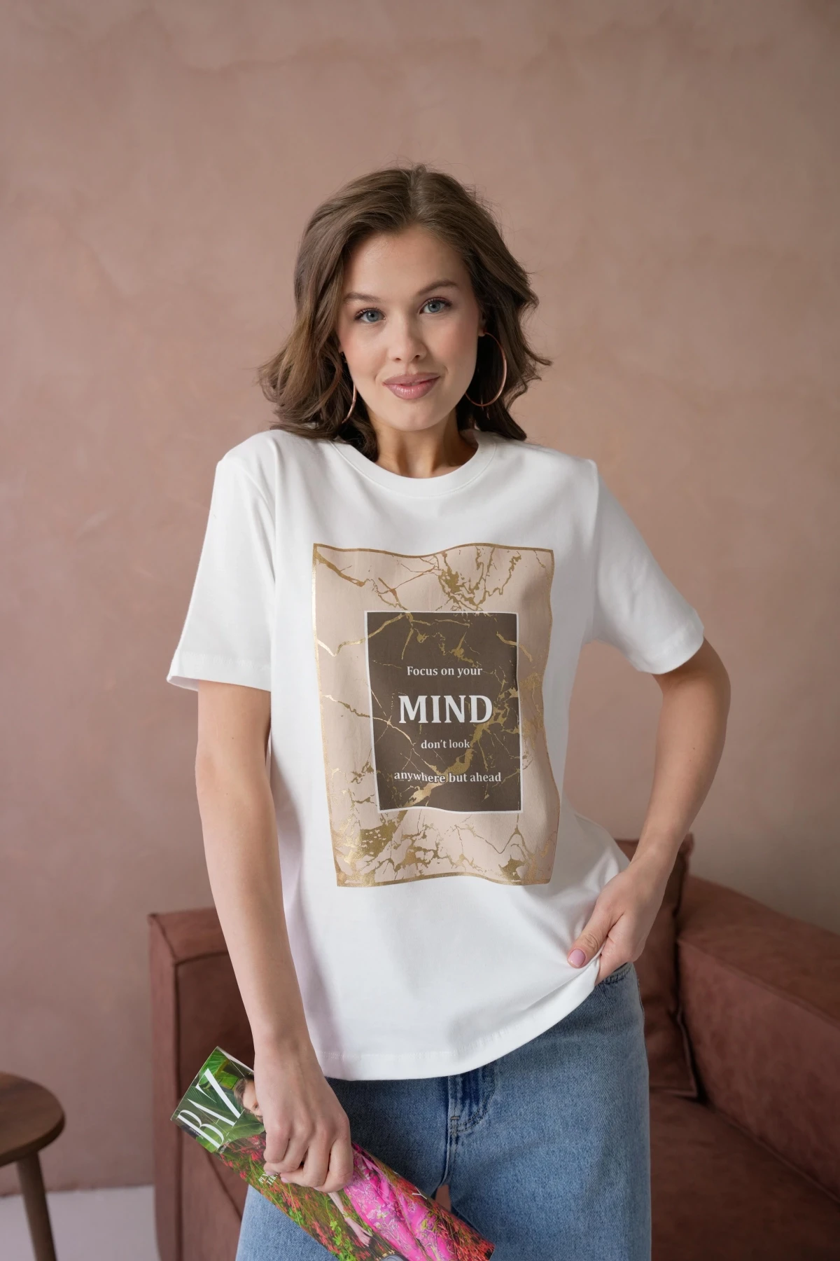 Bisiklet Yaka Varak Baskılı Basic T-Shirt