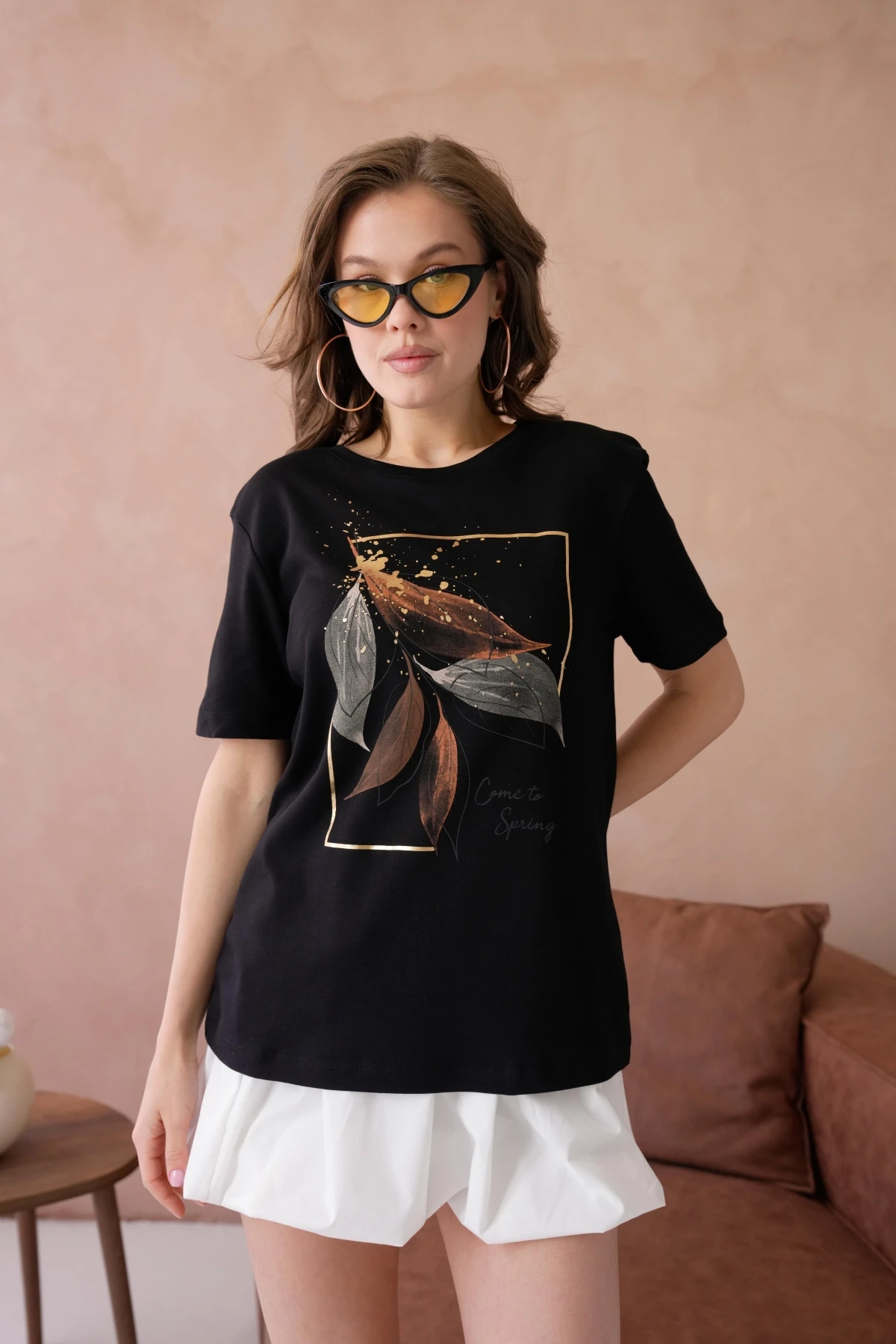 Bisiklet Yaka Varak Baskılı Basic T-Shirt