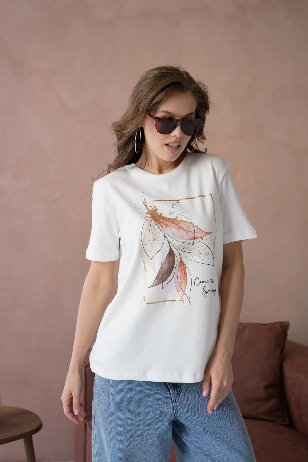 Bisiklet Yaka Varak Baskılı Basic T-Shirt