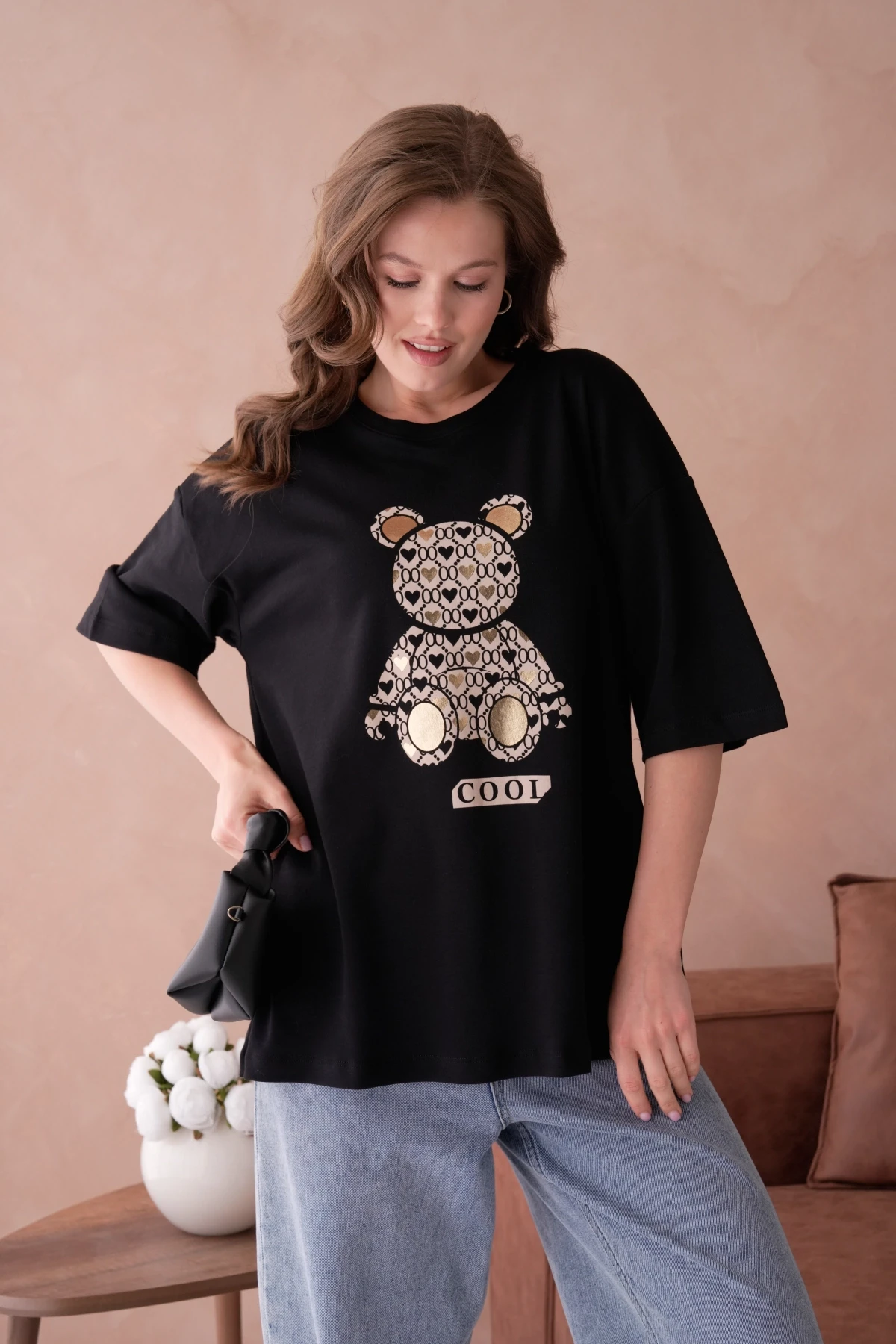 Bisiklet Yaka Varak Baskılı Salaş Basic T-Shirt