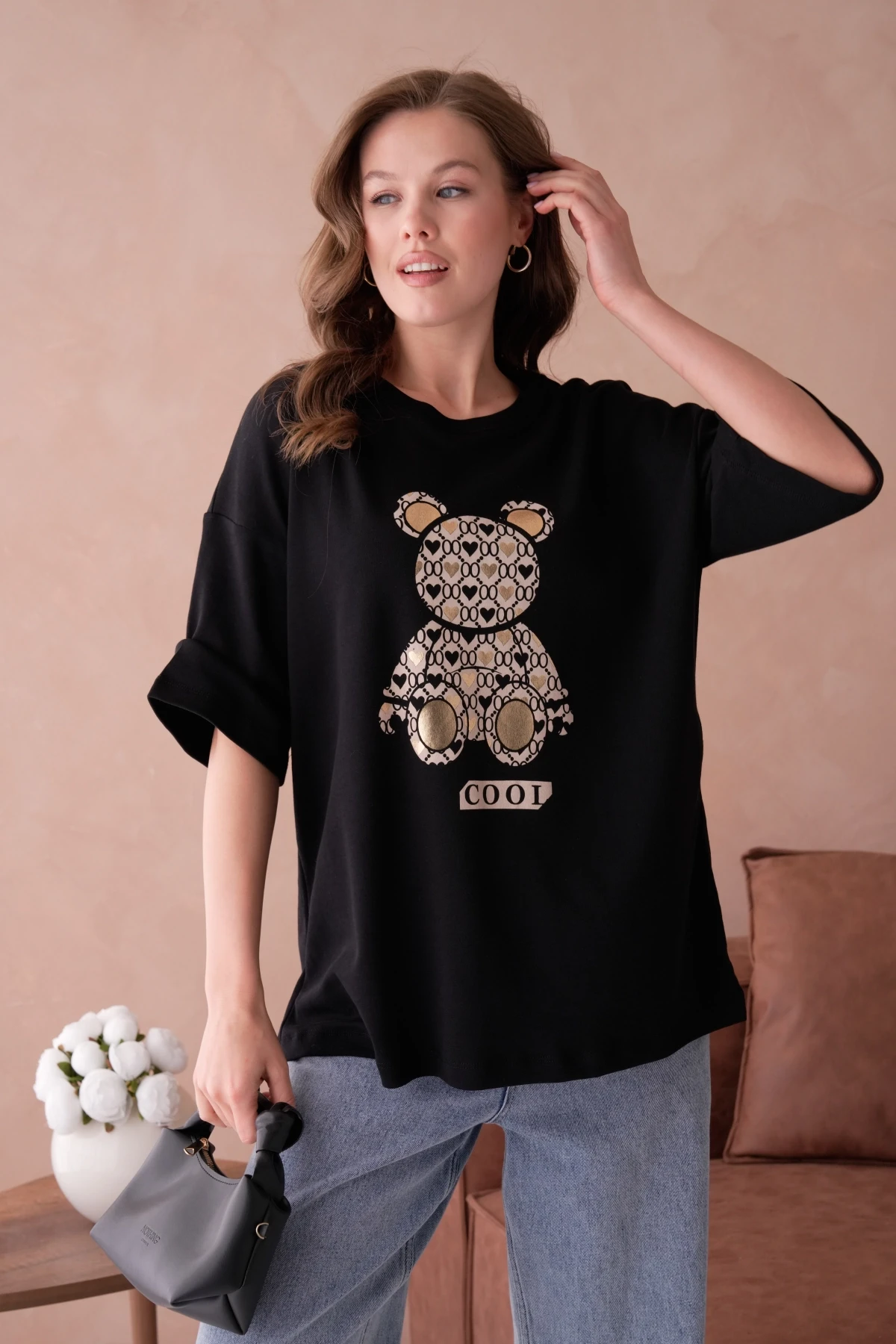 Bisiklet Yaka Varak Baskılı Salaş Basic T-Shirt