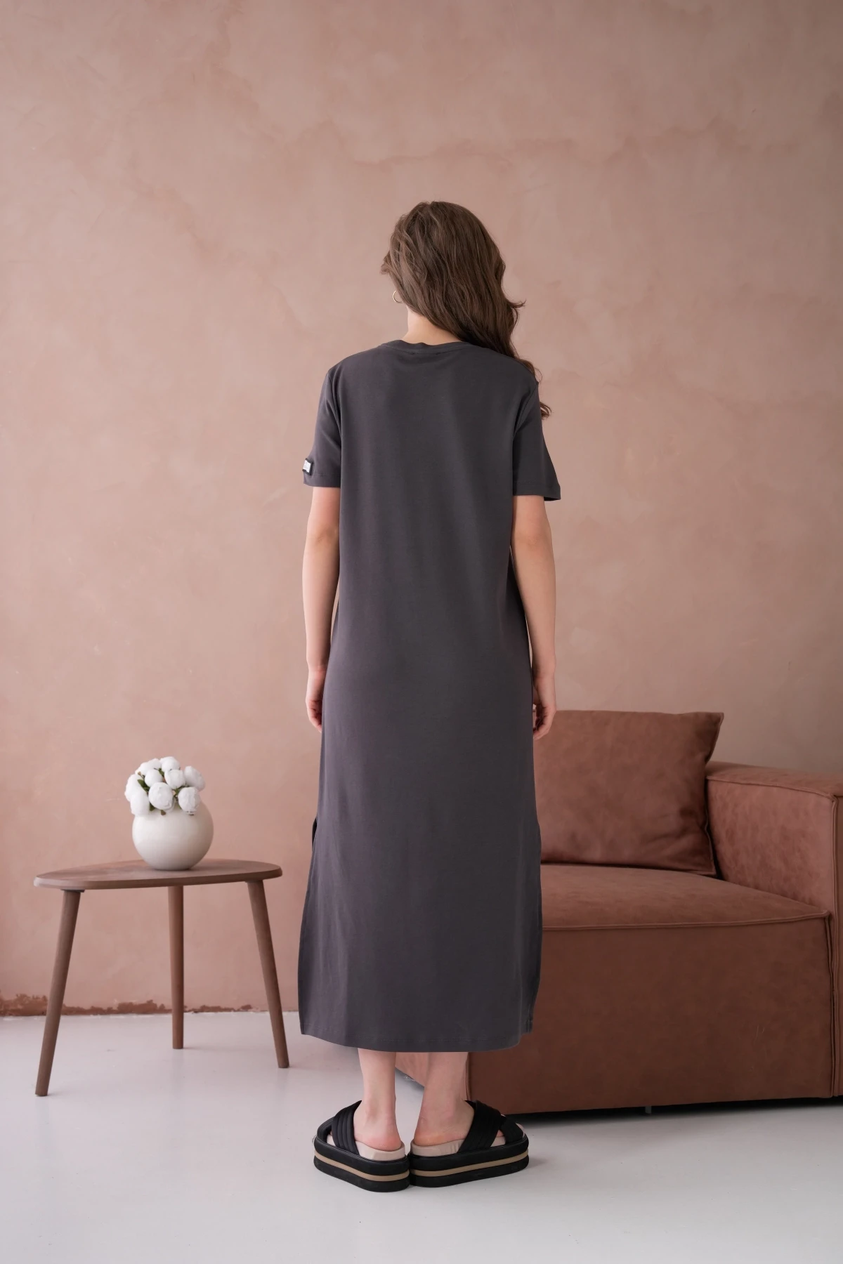 Bisiklet Yaka Yırtmaçlı Salaş Basic Penye Elbise