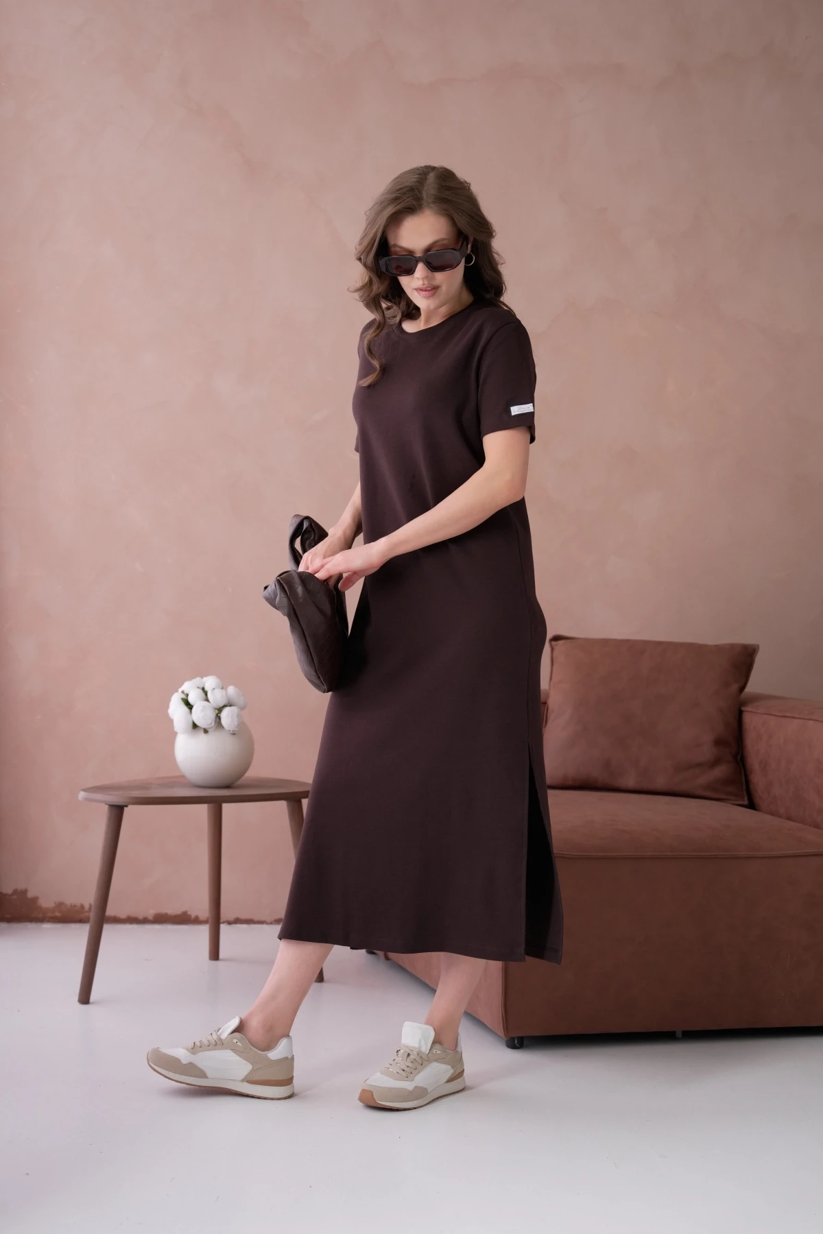 Bisiklet Yaka Yırtmaçlı Salaş Basic Penye Elbise