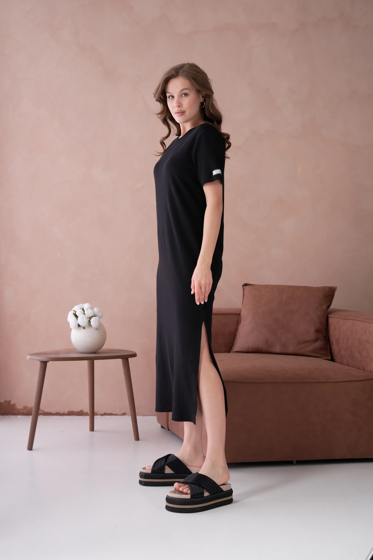 Bisiklet Yaka Yırtmaçlı Salaş Basic Penye Elbise