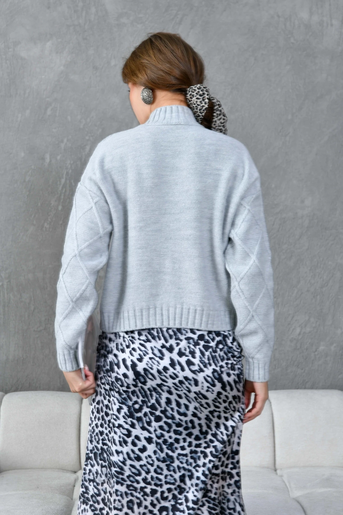 Kadın Dik Ayak Baklava Desen Triko Kazak