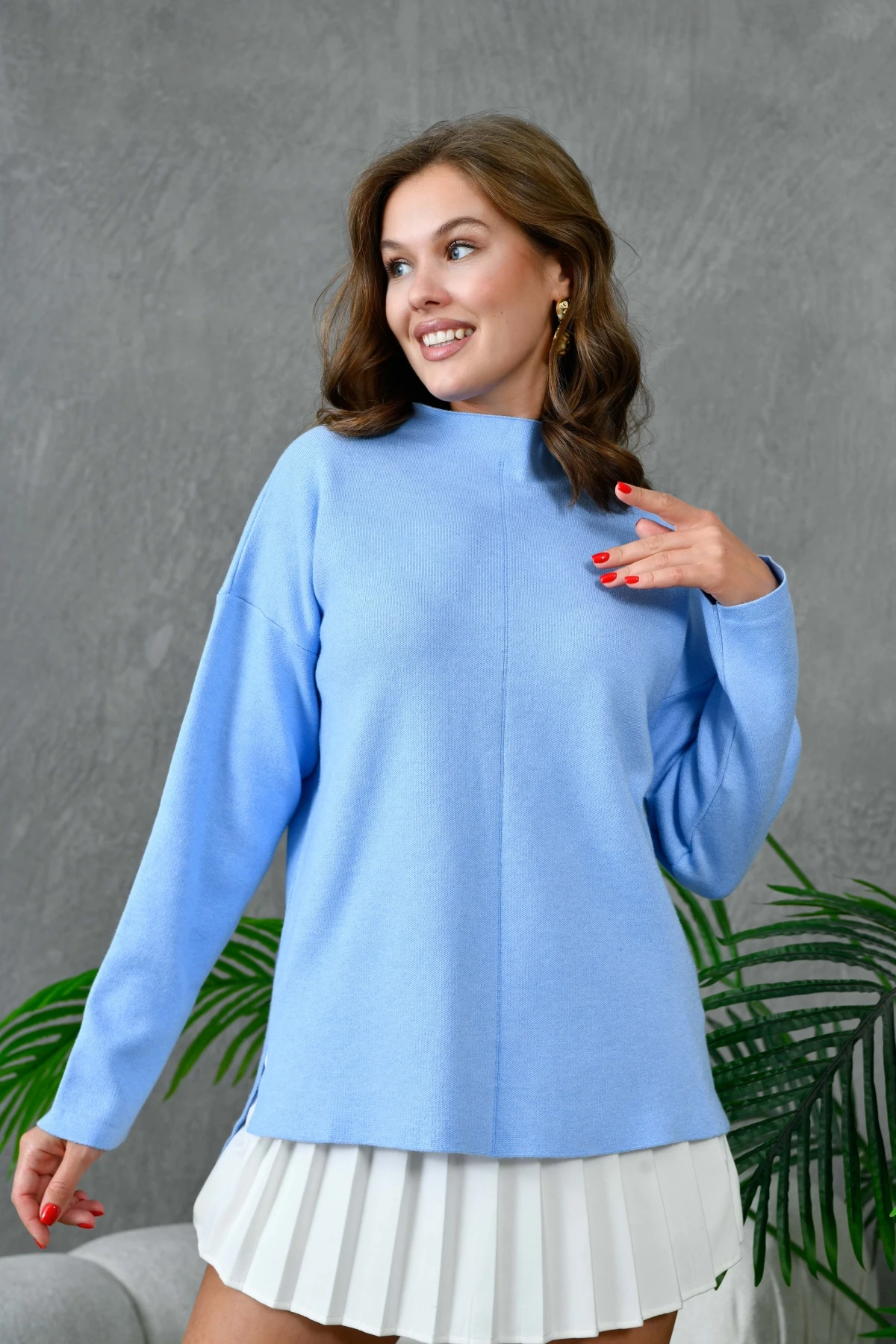 Kadın Dik Yaka Salaş Triko Kazak