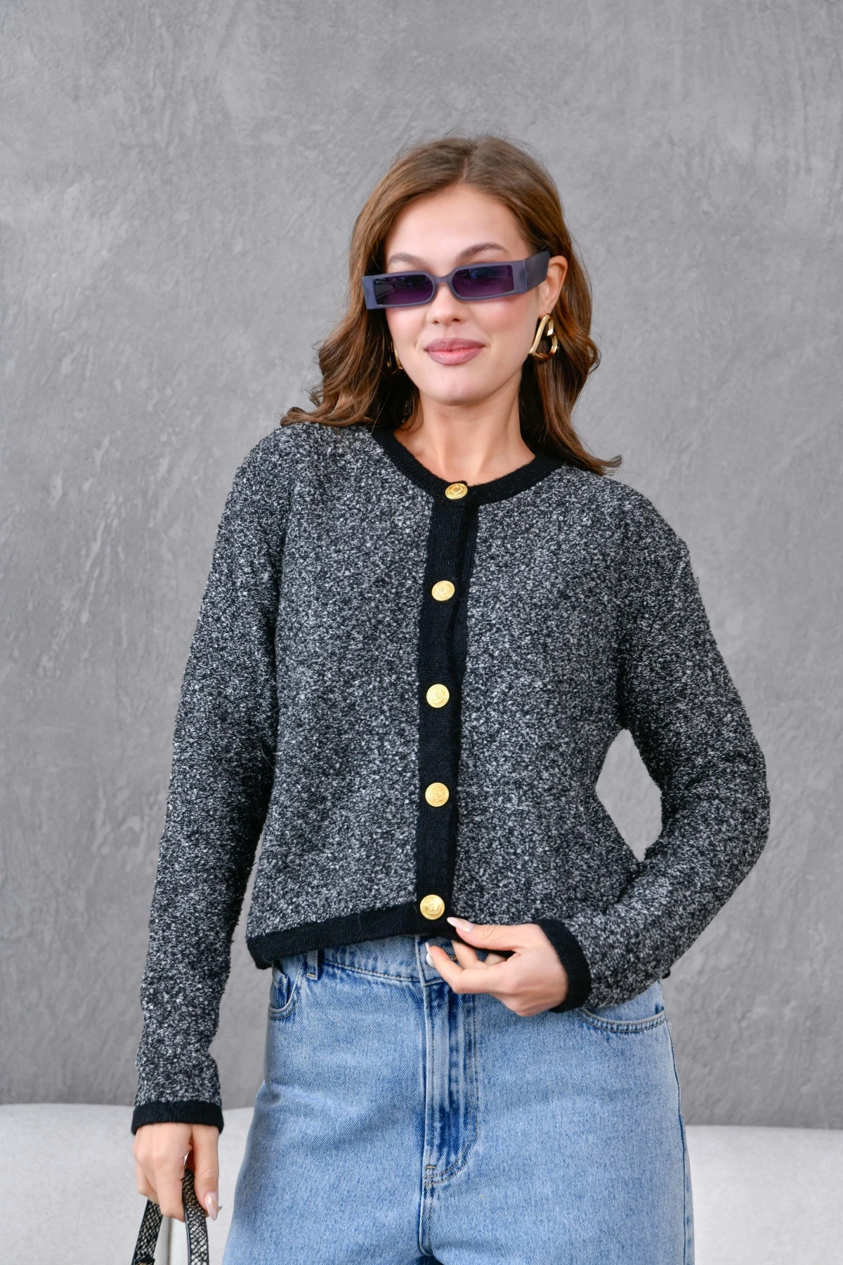 Kadın Düğme Detay Bürümcük Triko HIrka