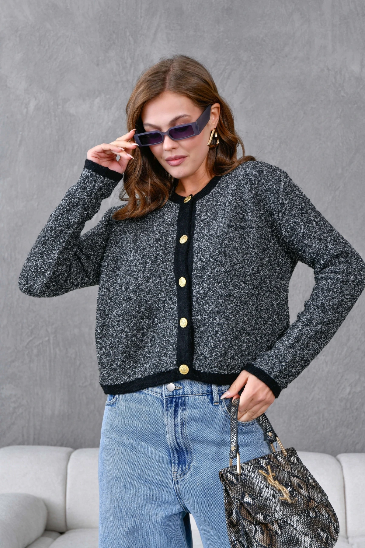 Kadın Düğme Detay Bürümcük Triko HIrka