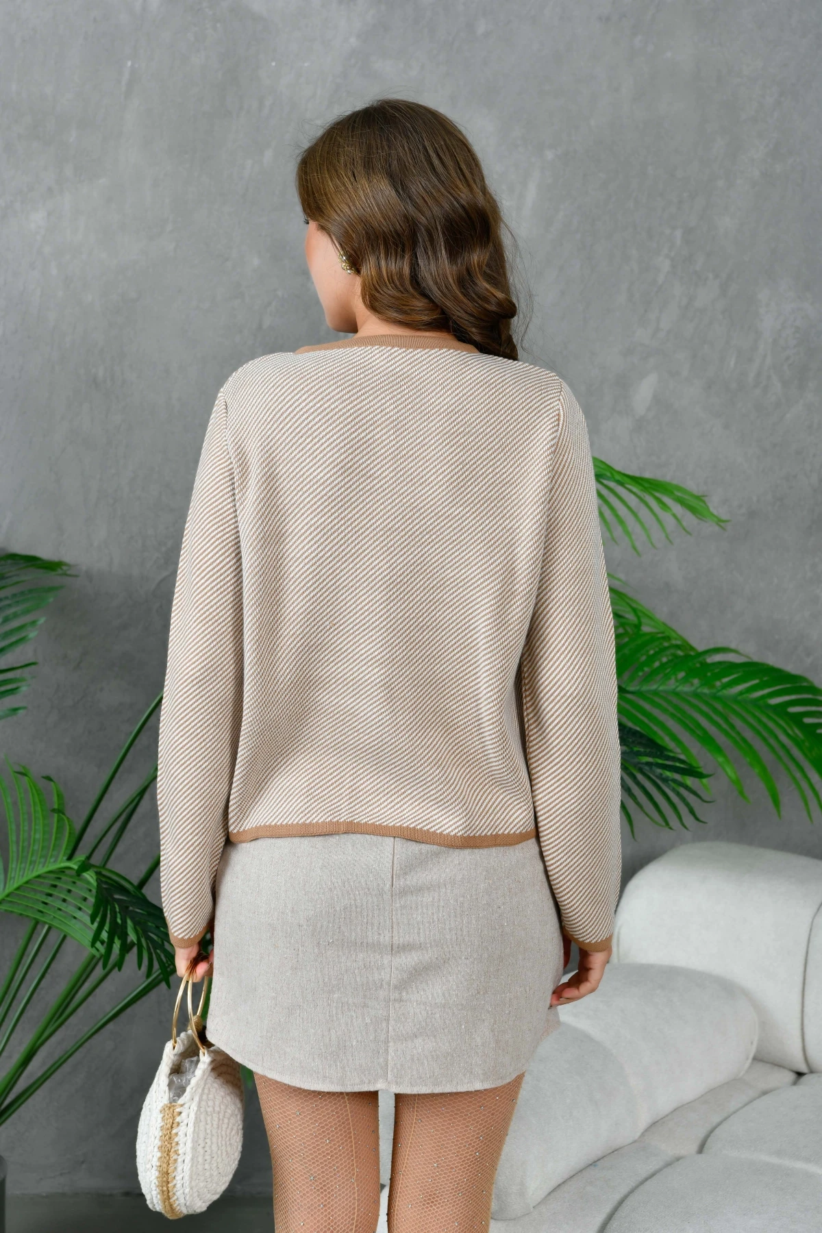 Kadın Düğme Detay Çizgili Triko HIrka