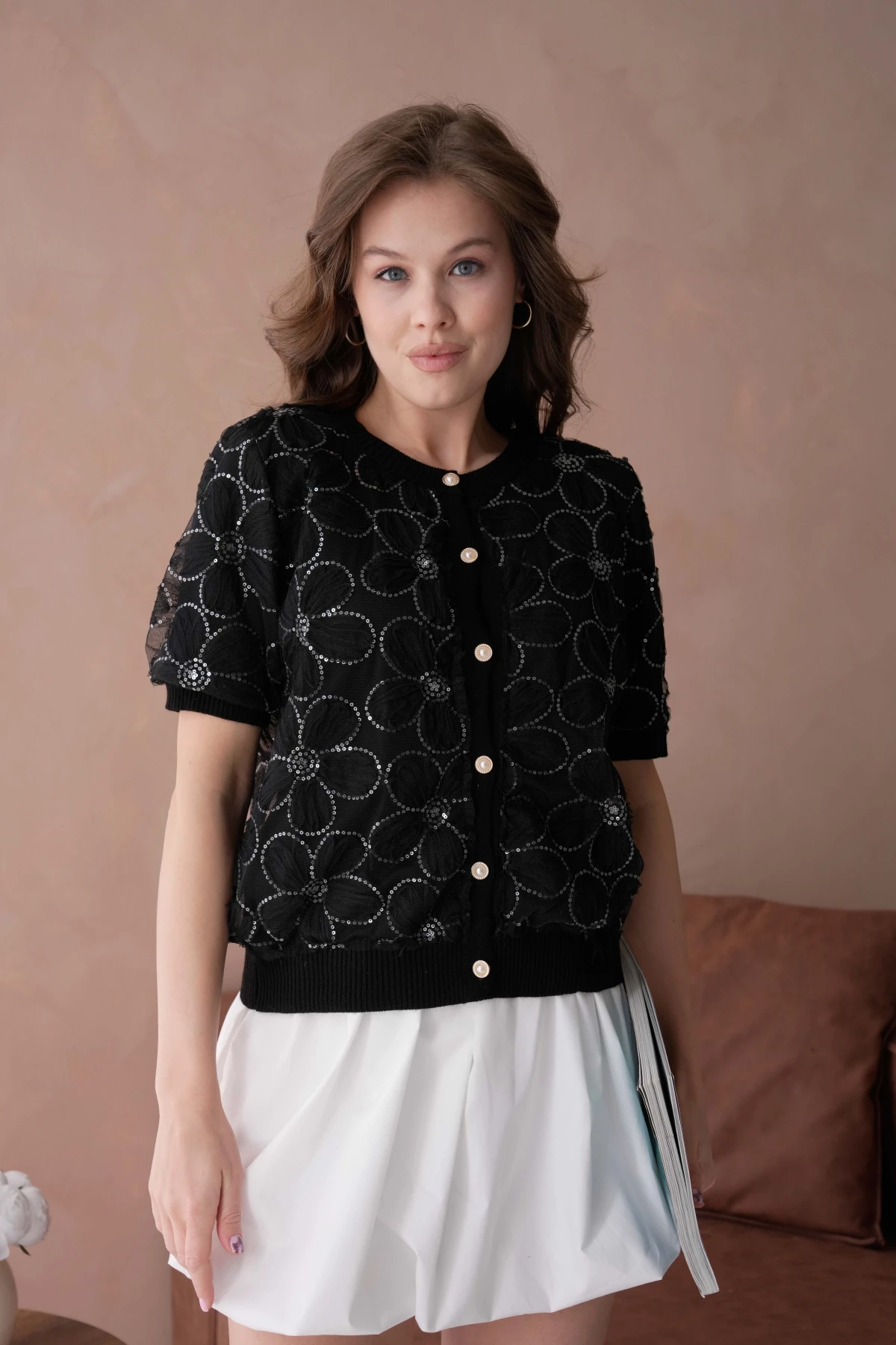 Düğme Detay Full Tül Kısa Kollu Triko Hırka