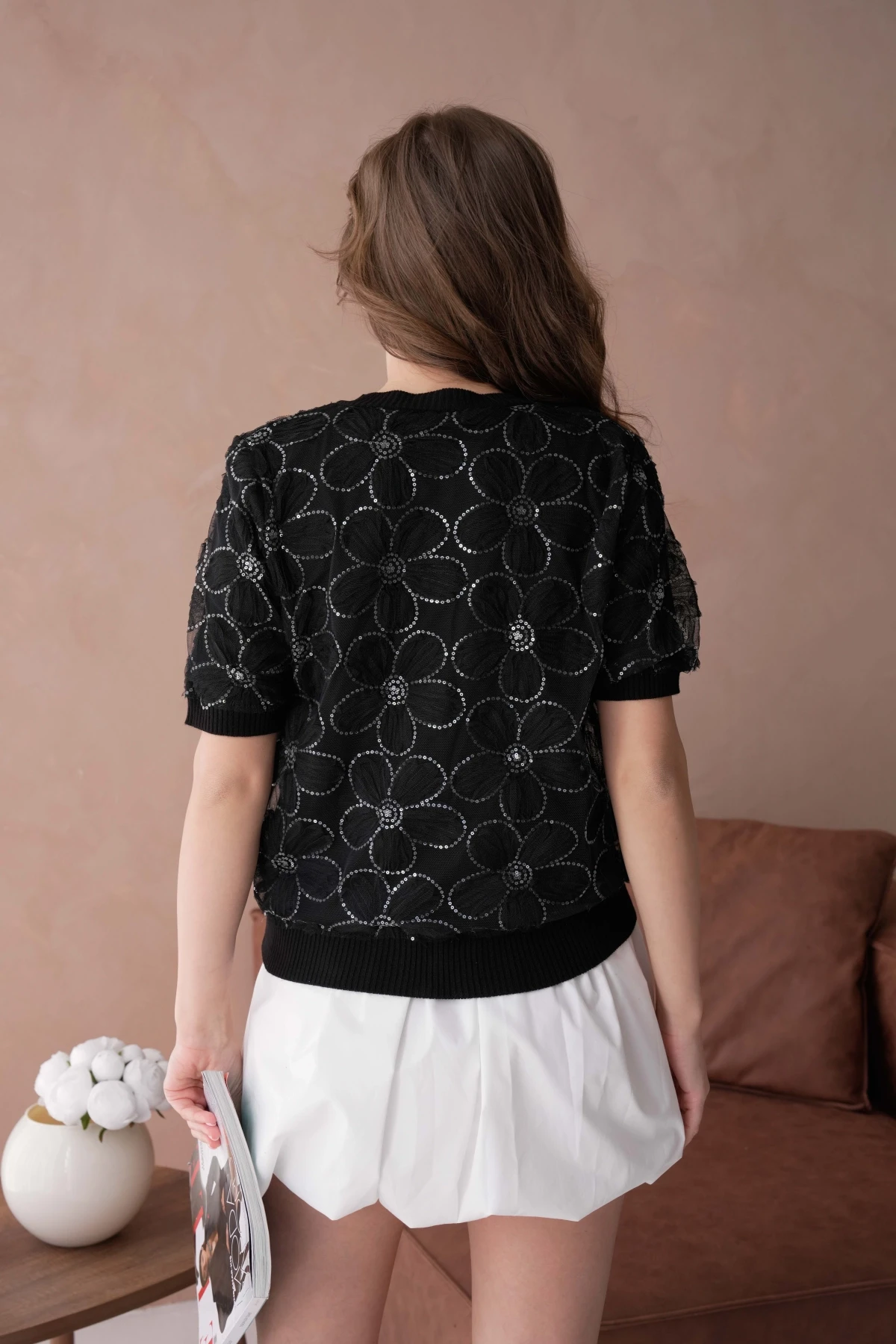 Düğme Detay Full Tül Kısa Kollu Triko Hırka