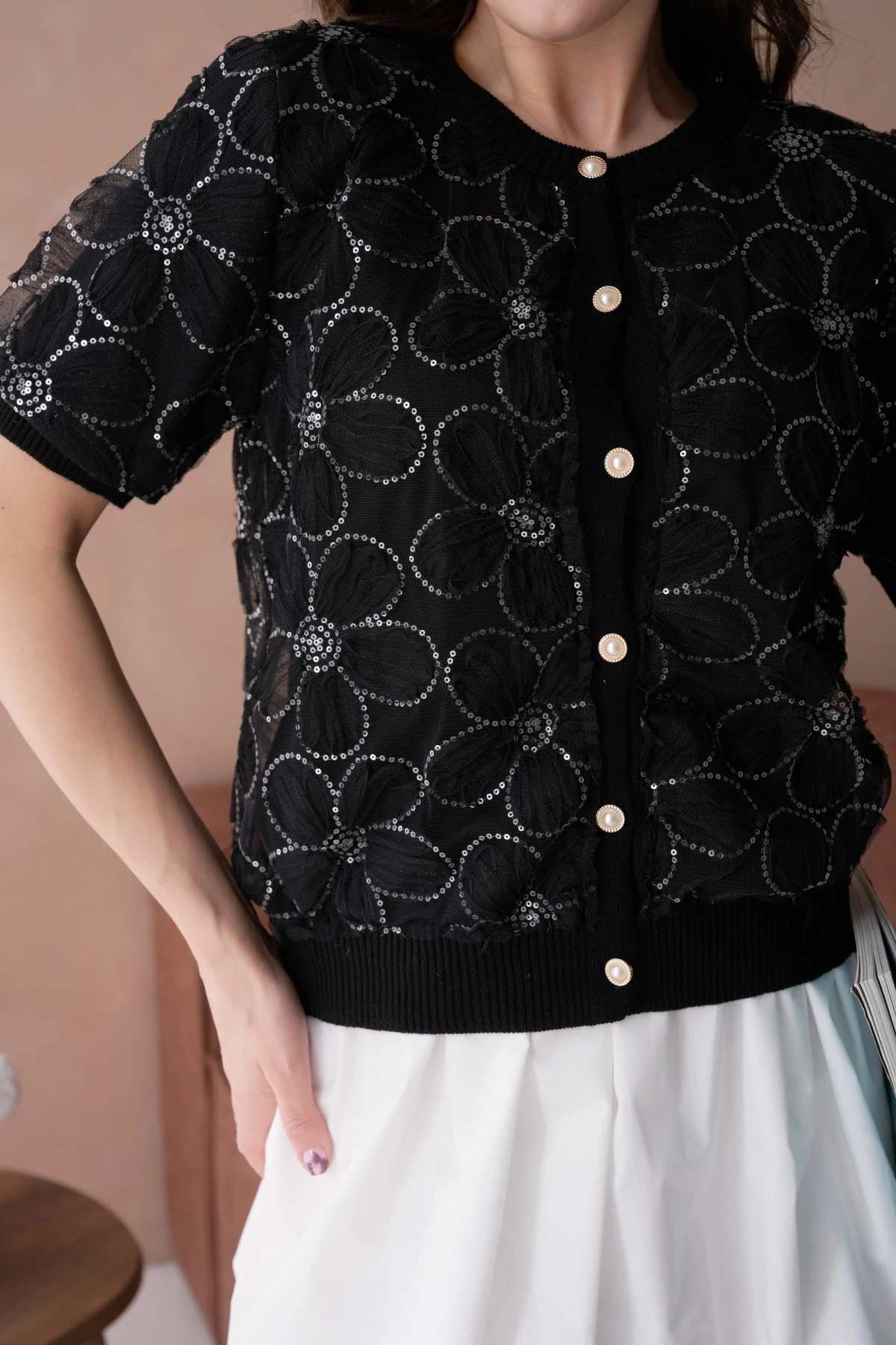 Düğme Detay Full Tül Kısa Kollu Triko Hırka