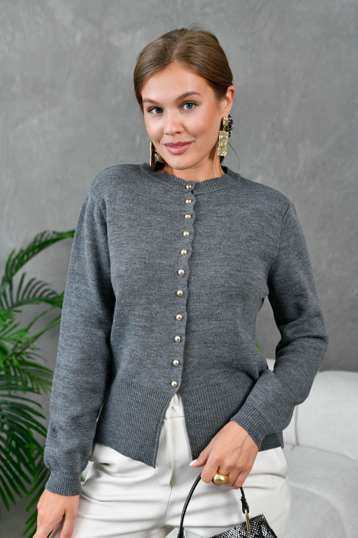 Kadın Düğme Detay Triko Ceket