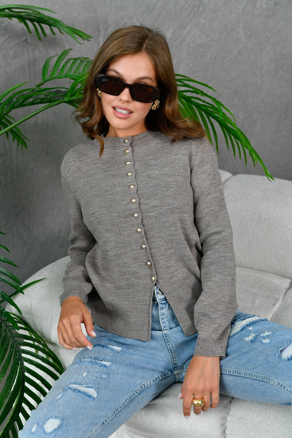 Kadın Düğme Detay Triko Ceket