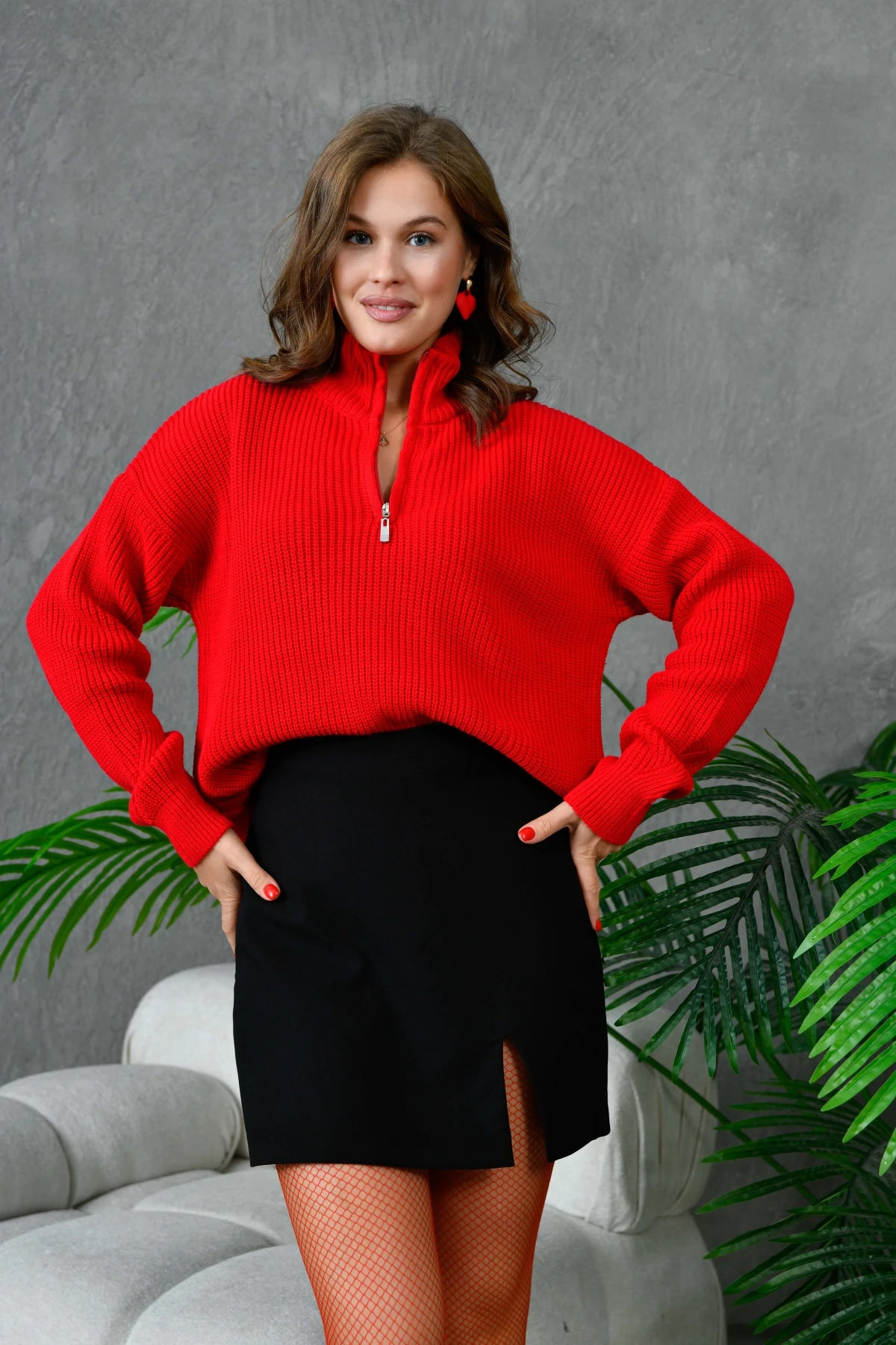 Kadın Fermuar Detaylı Triko Kazak