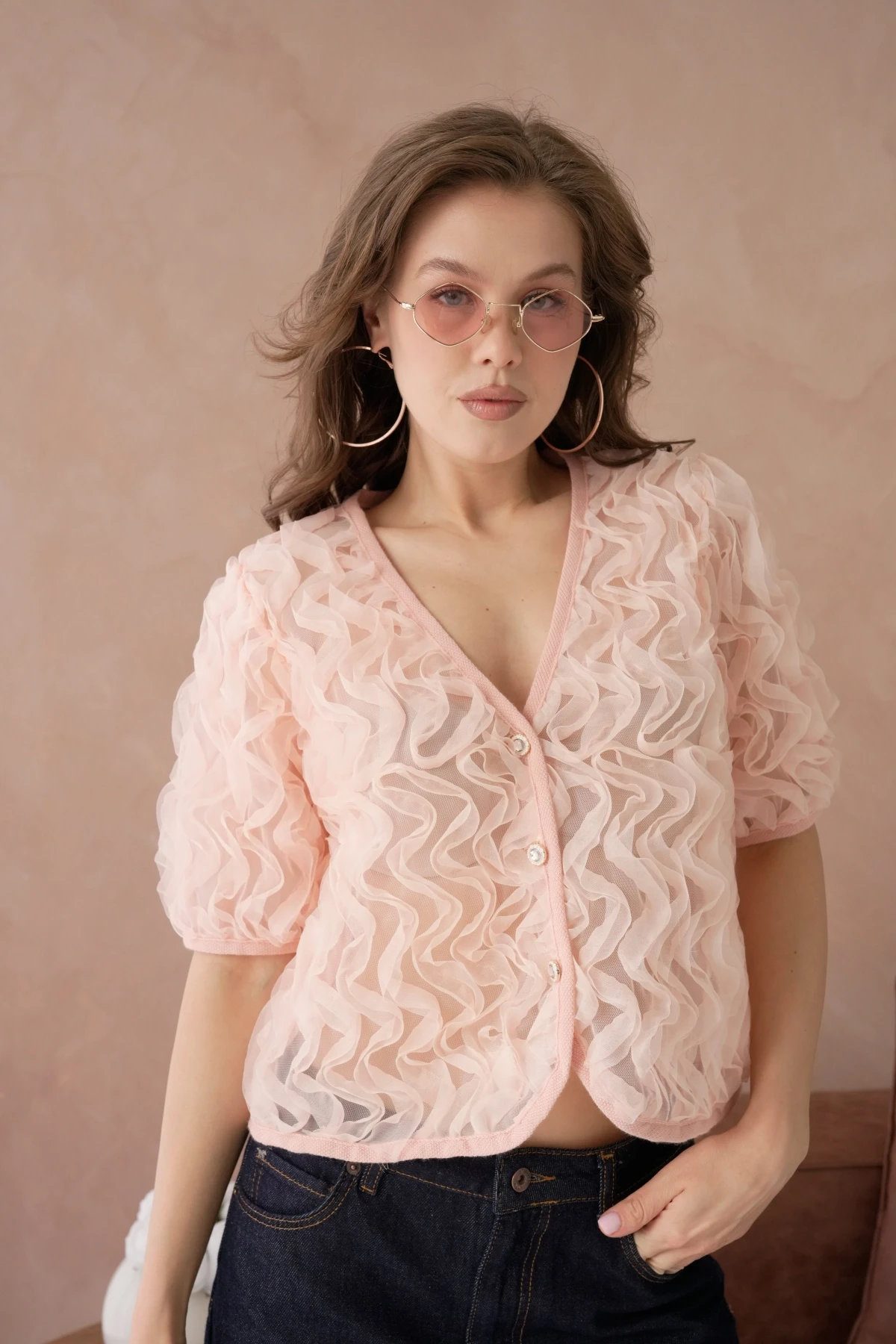 Fır Fır Detay Düğmeli Full Tül Bluz