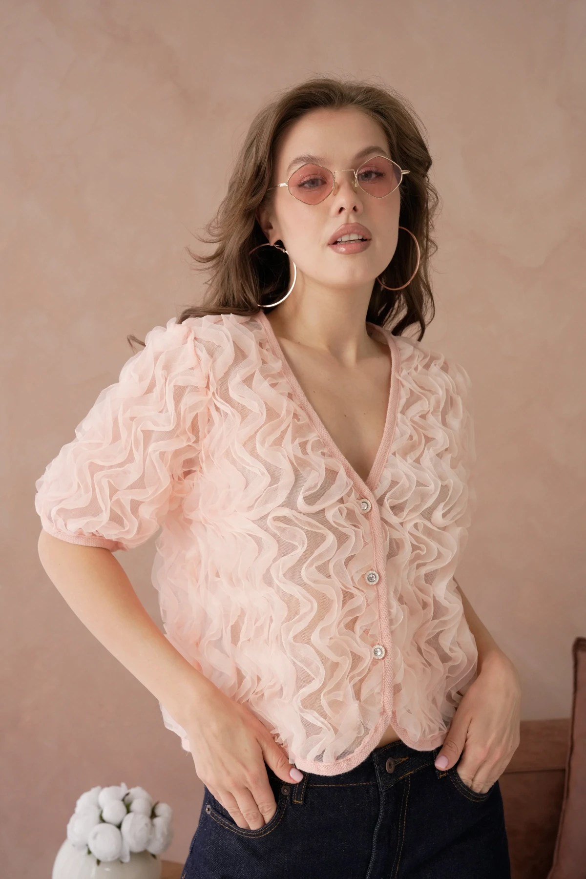 Fır Fır Detay Düğmeli Full Tül Bluz