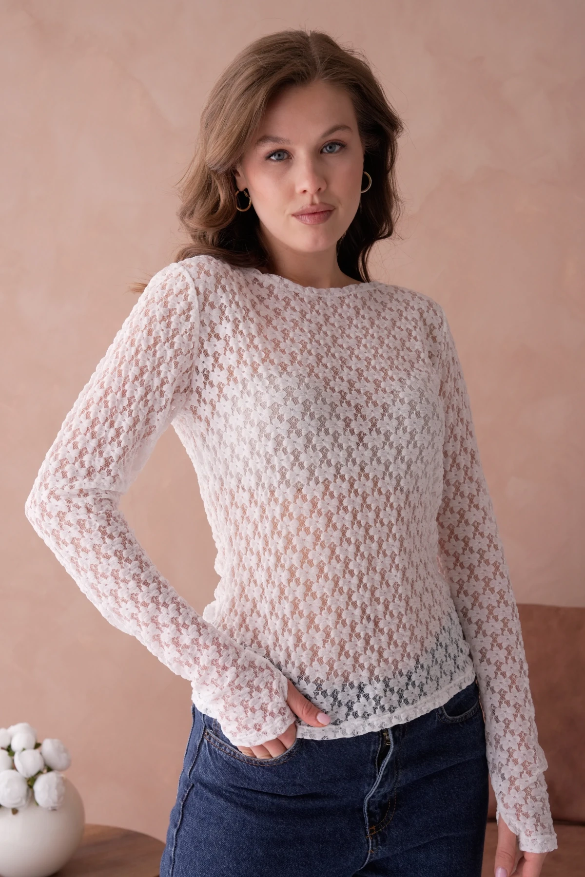 Geniş Yaka Dantel Uzun Kol Top Bluz
