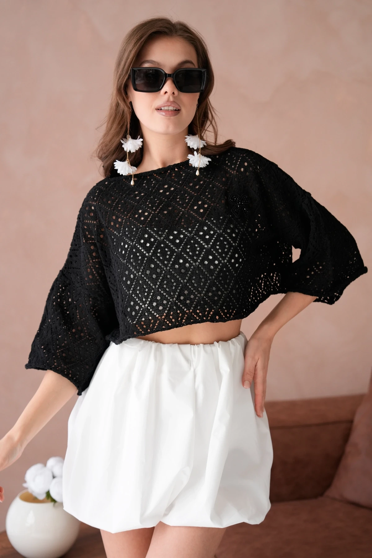 Kadın Kayık Yaka Ajurlı Triko Kazak