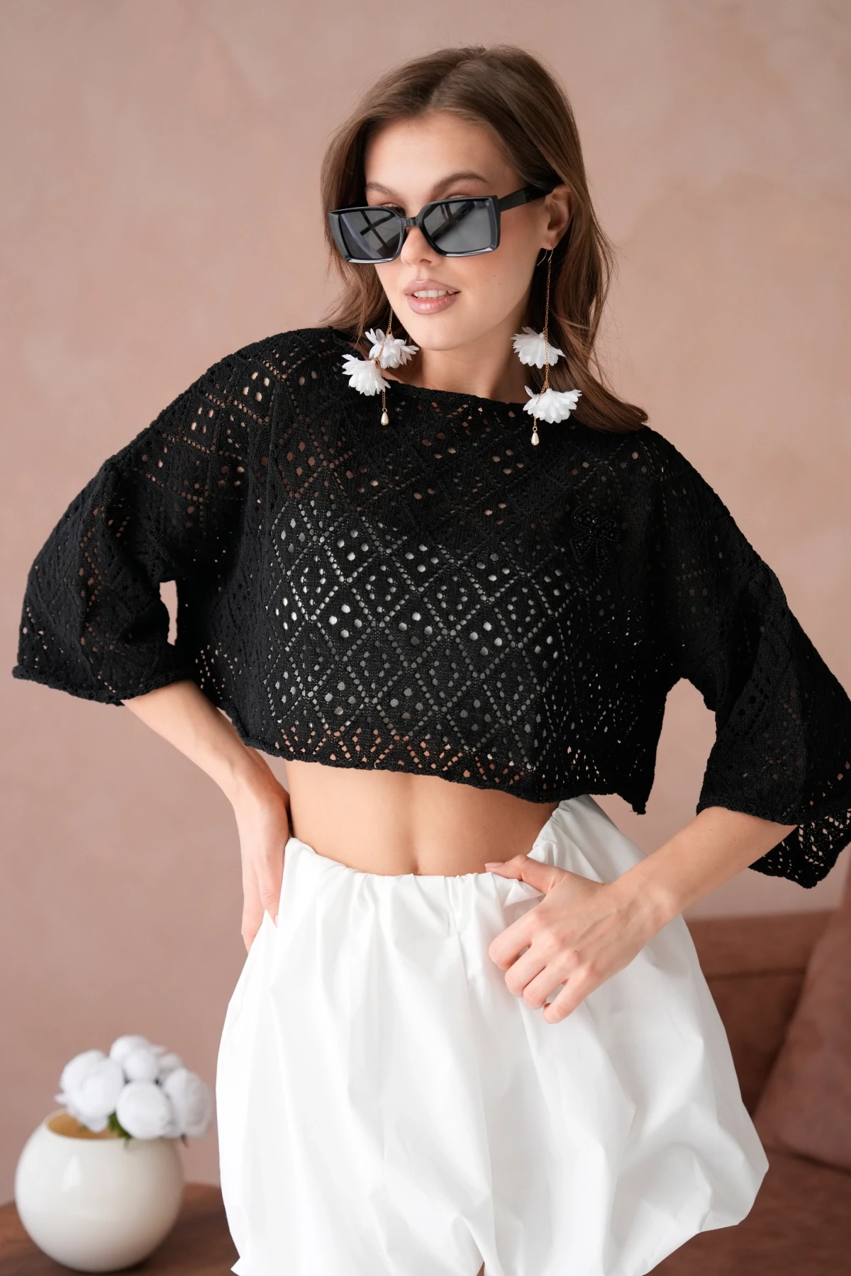 Kadın Kayık Yaka Ajurlı Triko Kazak