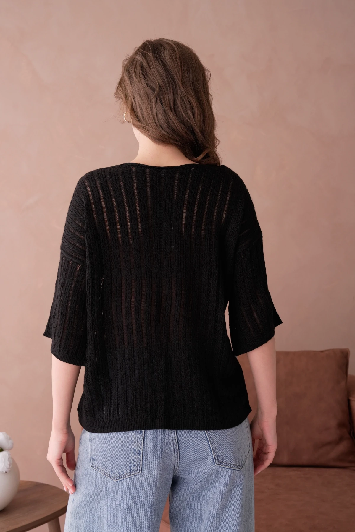 Kayık Yaka Çiçek Aplikeli Salaş Triko Kazak