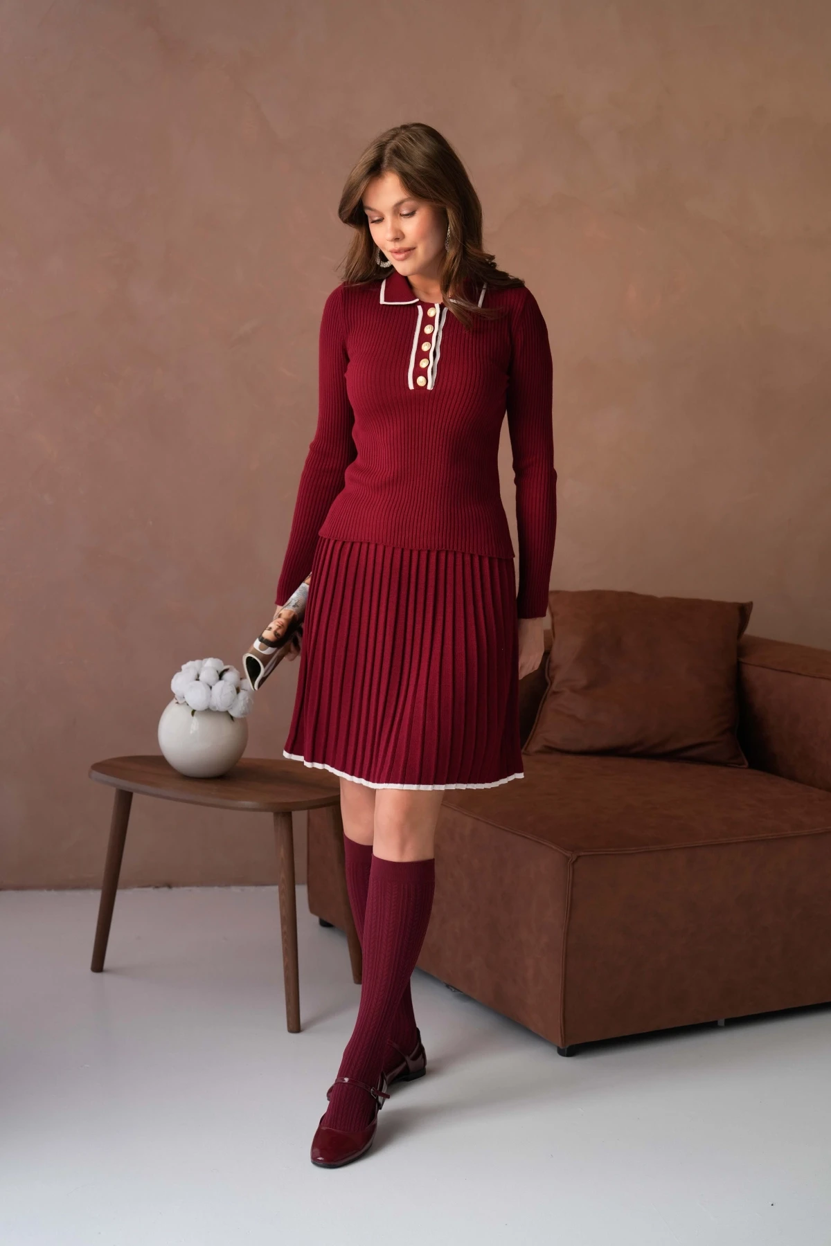 Kadın Polo Yaka Düğme Detay Kazak Etekli İkili Triko Takım